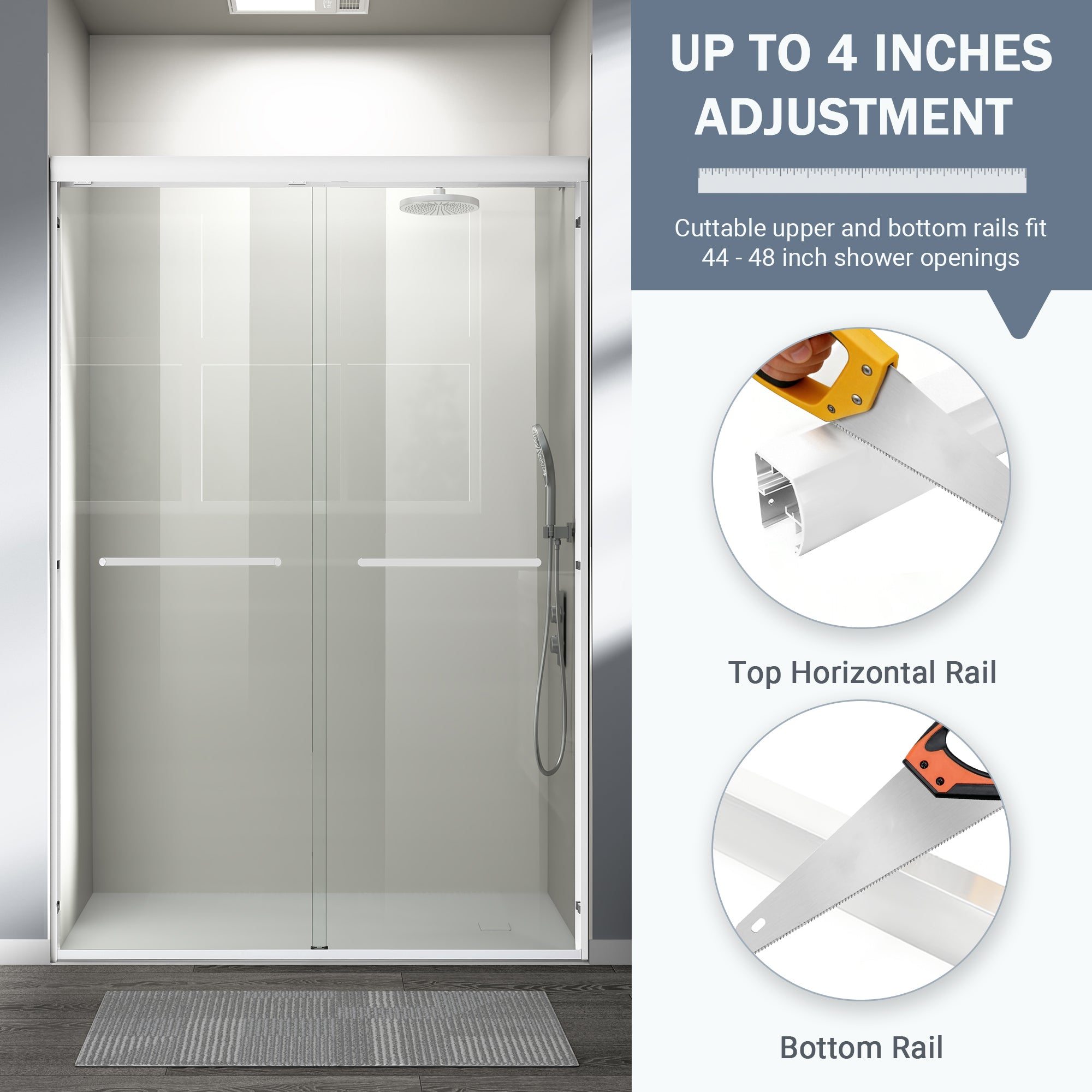 Semi-frameless white shower door 72 in. tempered glass side view