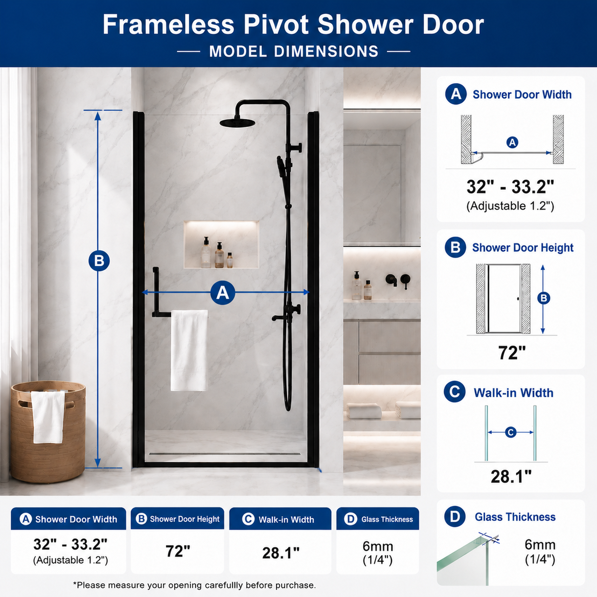 32-35 x 72 in Semi-Frameless Pivot Shower Door - 32-33.2 x 72 in / Matte Black view 2