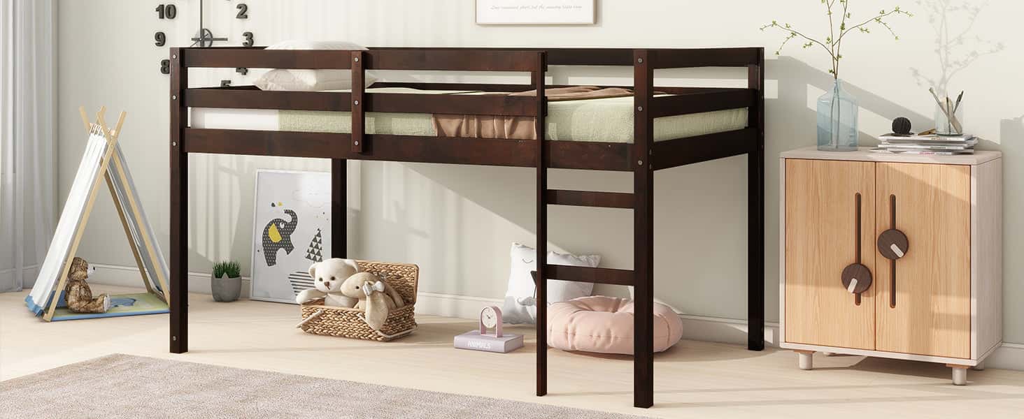 Solid Wooden, Rubber Wooden Twin Loft Bed with Ladder, Bed Platform of Strengthened Slats , Espresso