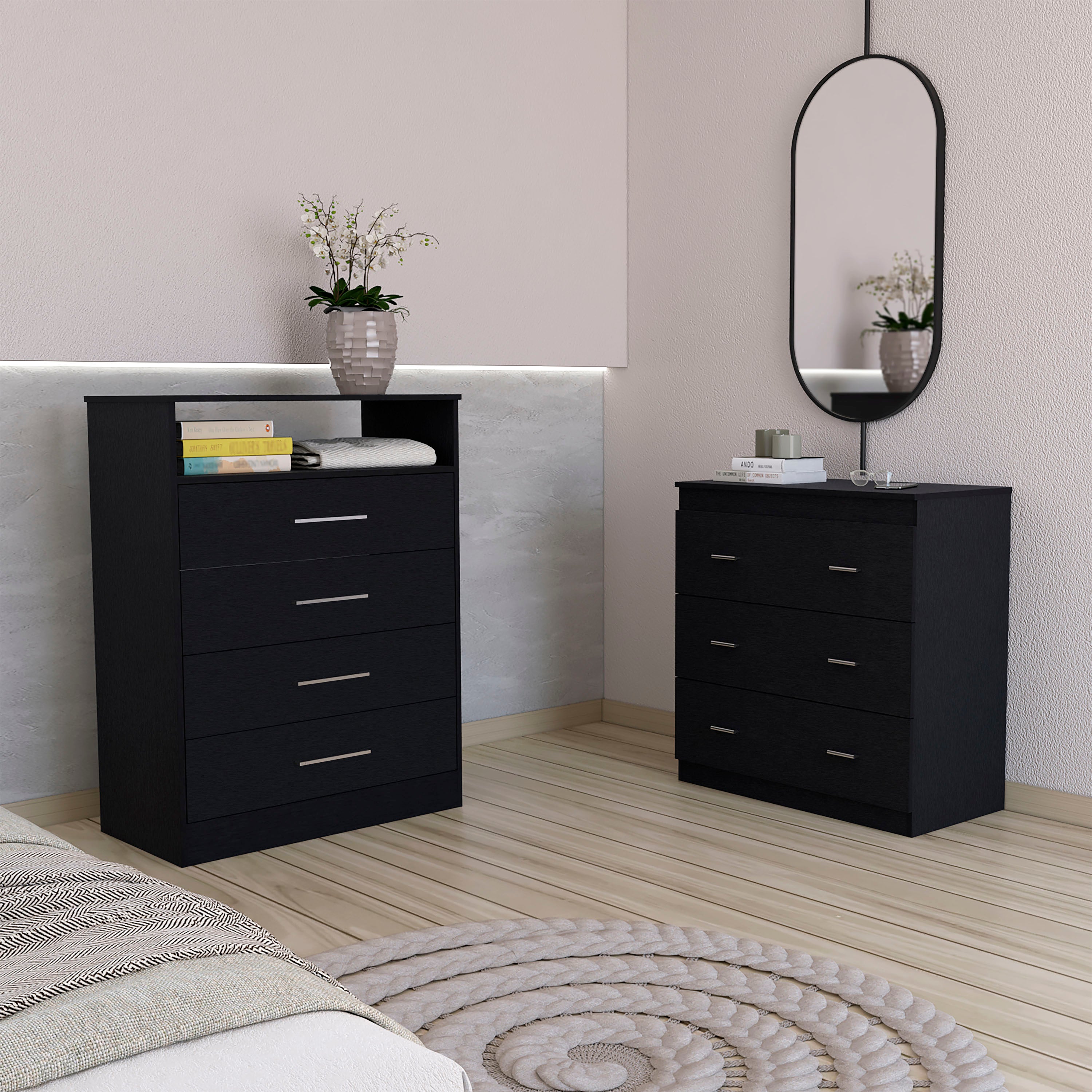 2 Piece Bedroom Set, Kairo Dresser + Capri Three Drawer Dresser, Black