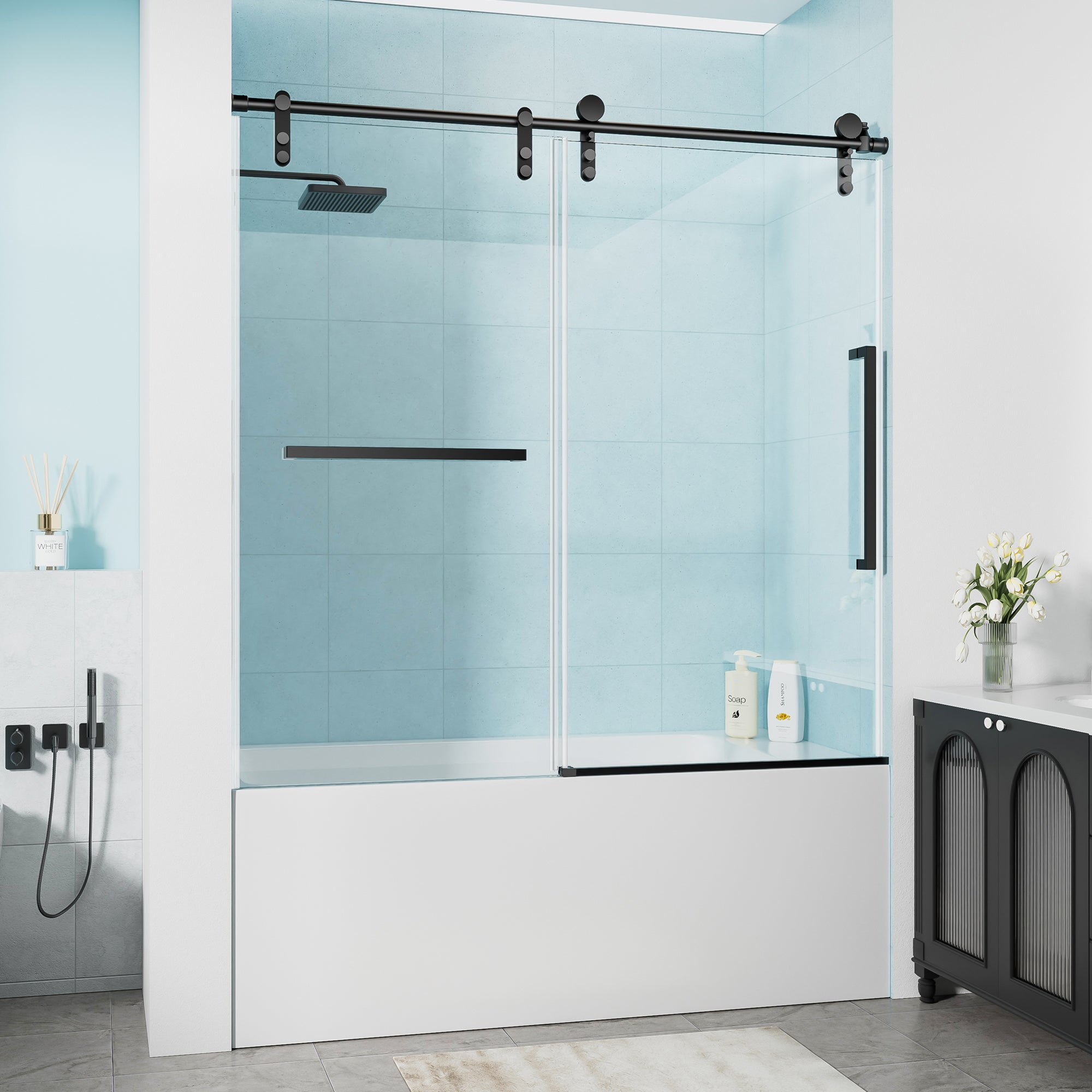 60 x 60 in Frameless Single Sliding Tub Door - 60 x 60 in / Clear Glass / Matte Black view 1