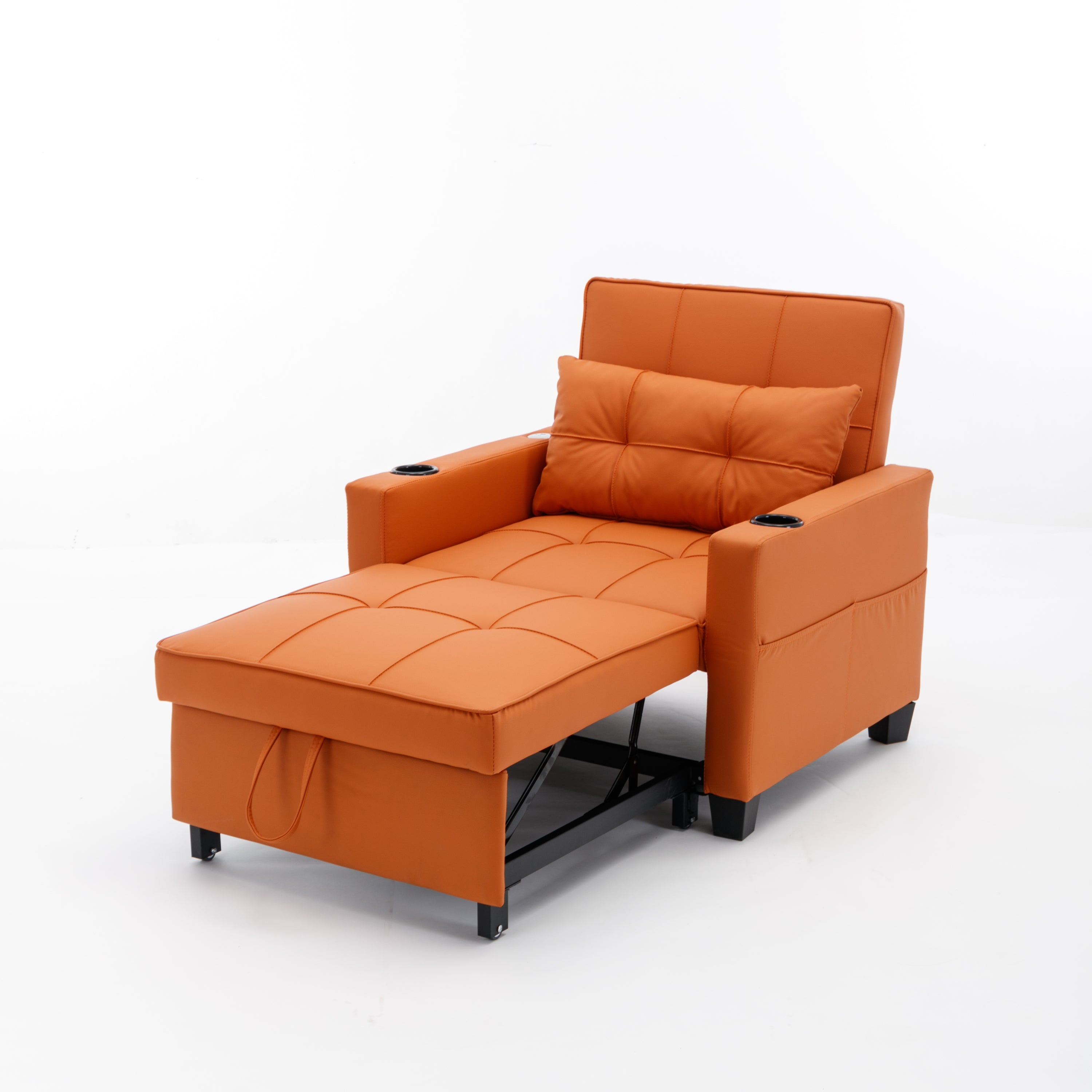 Futon Chair Bed Convertible Chair 3-in-1 Pull Out Sleeper Chair Beds with USB Ports,Wear-resistant and Anti-scratch, Armchair Bed Sleeper for Living Room (Orange Leather)