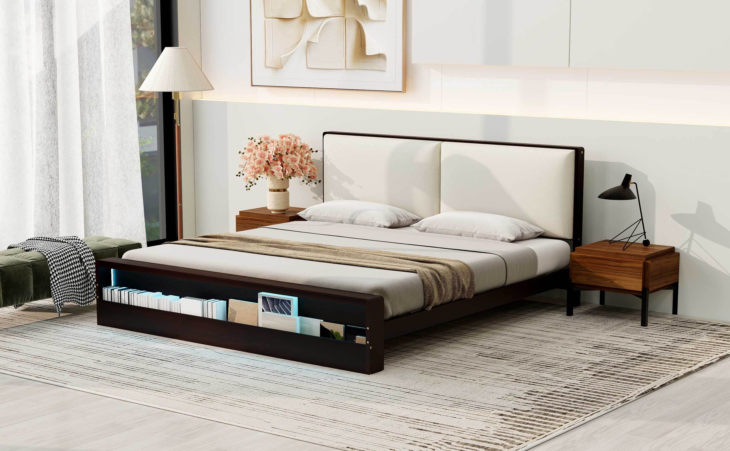 King Size Platform Bed Frame with Upholstery Headboard and Bookshelf in Footboard and LED Light Strips, Espresso