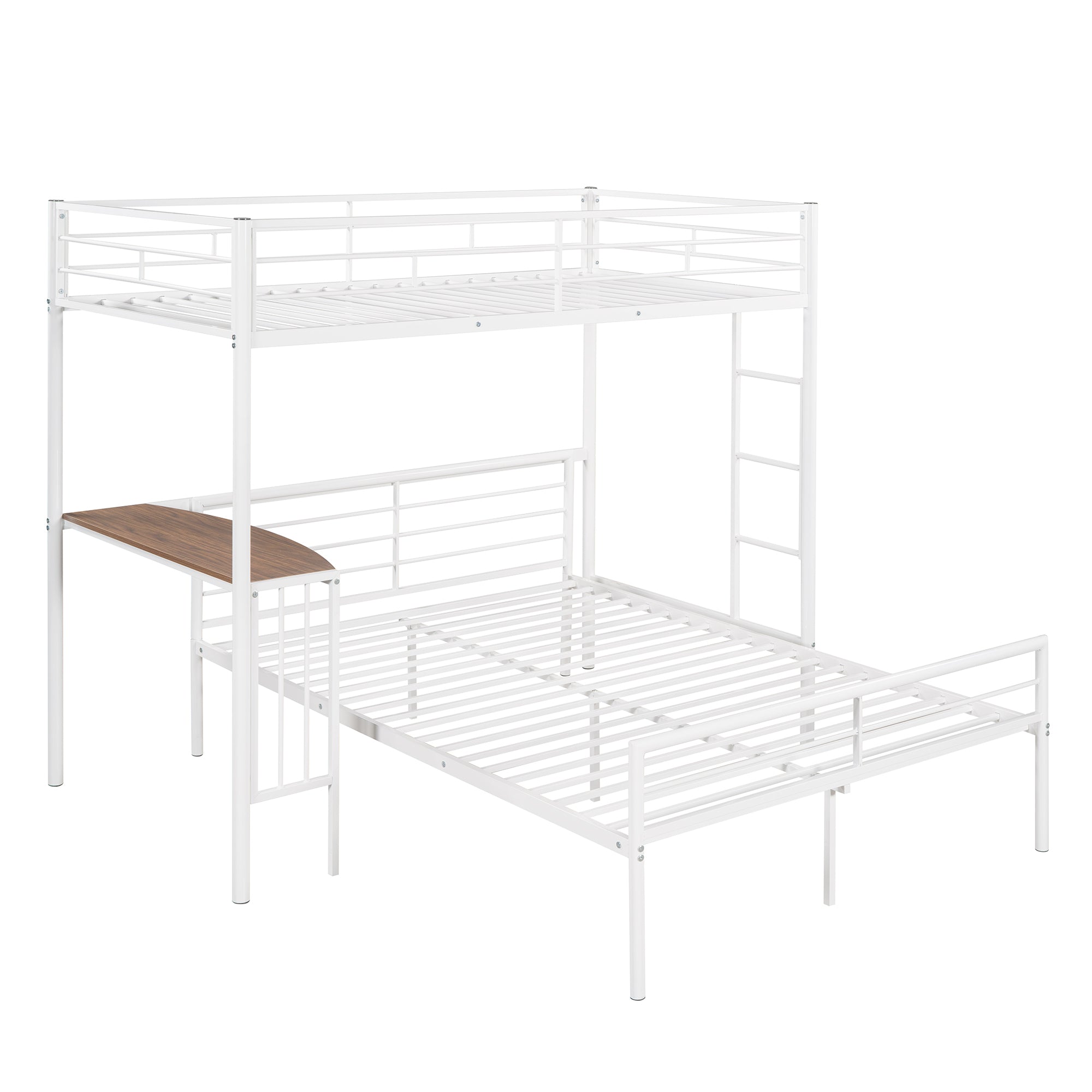 Twin Over Full Metal Bunk Bed with Desk, Ladder and Quality Slats for Bedroom, Metallic  White(OLD SKU :LP000092AAK)