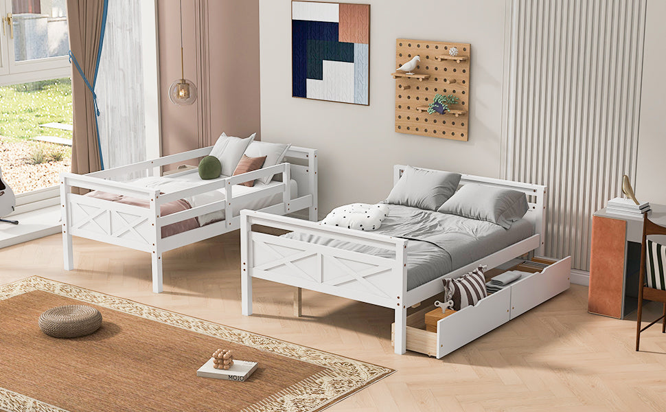White twin over full bunk bed, ladder detail view