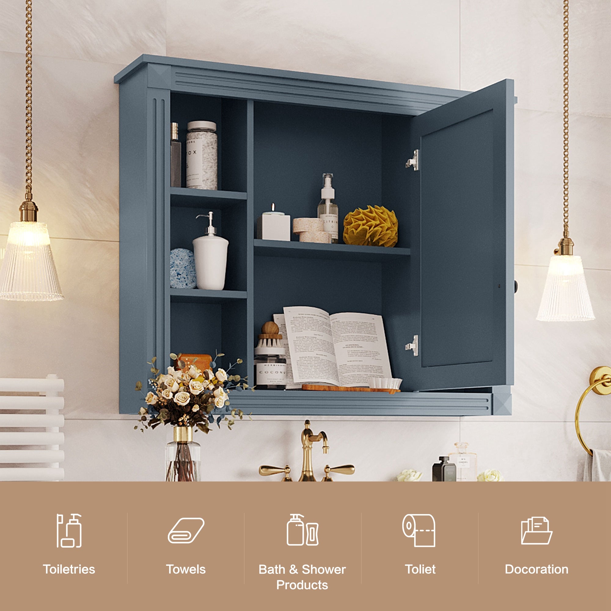 Modern bathroom wall cabinet with open shelving, side profile