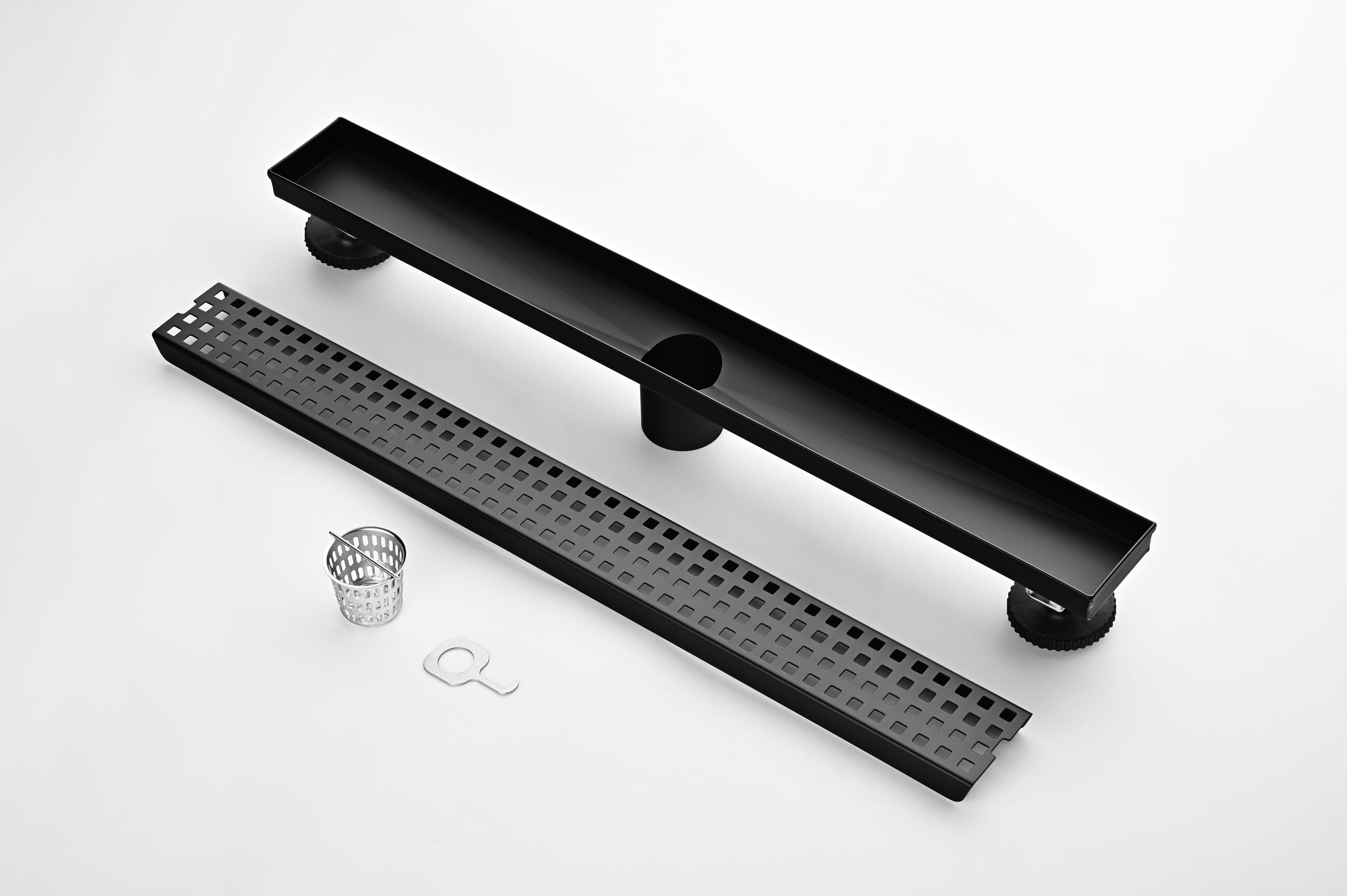 24 Inches Linear Shower Drain with Removable Quadrato Pattern Grate, 304 Stainless Shower Drain Included Hair Strainer and Leveling Feet, Flange