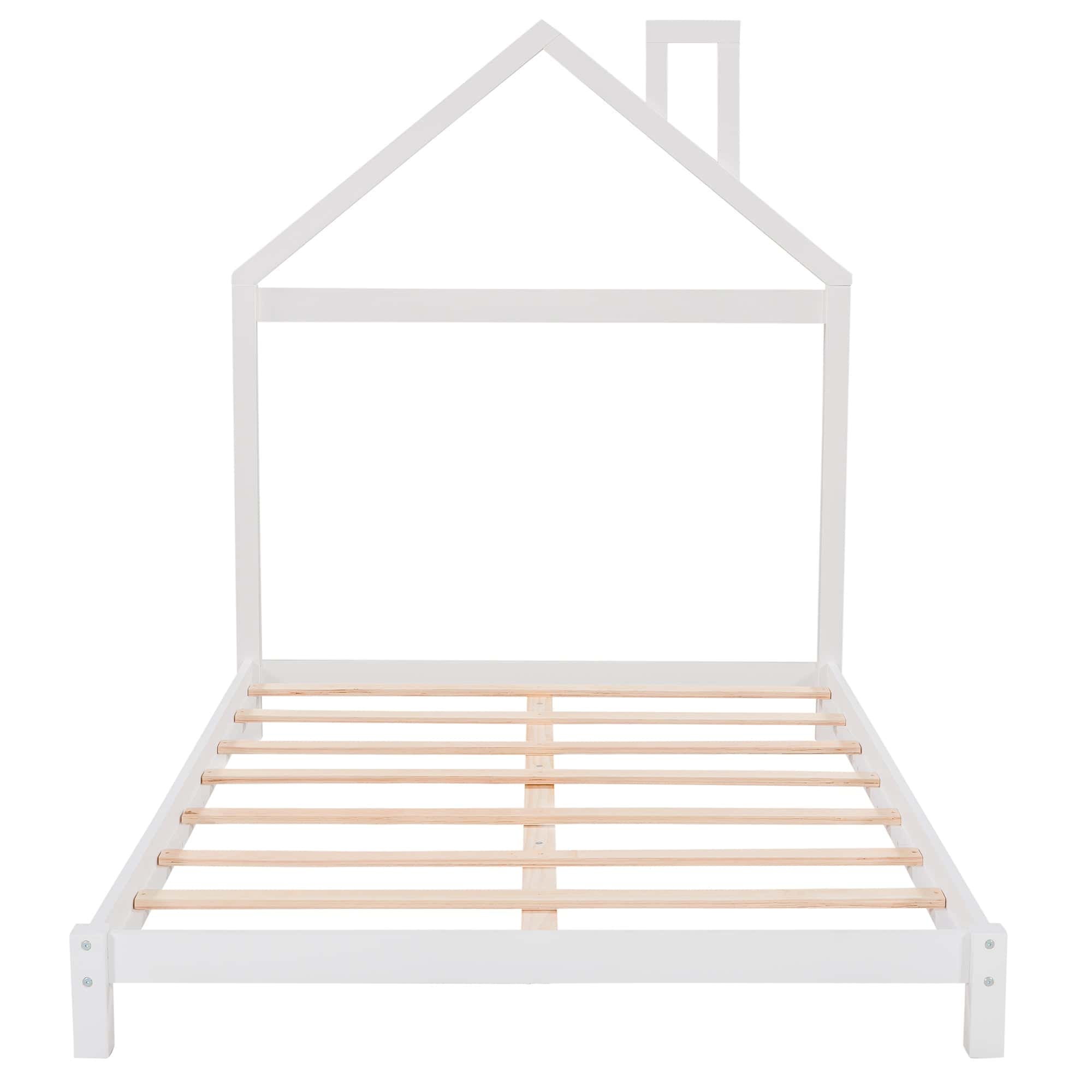 Full Size Wood Platform Bed with House-shaped Headboard (White)