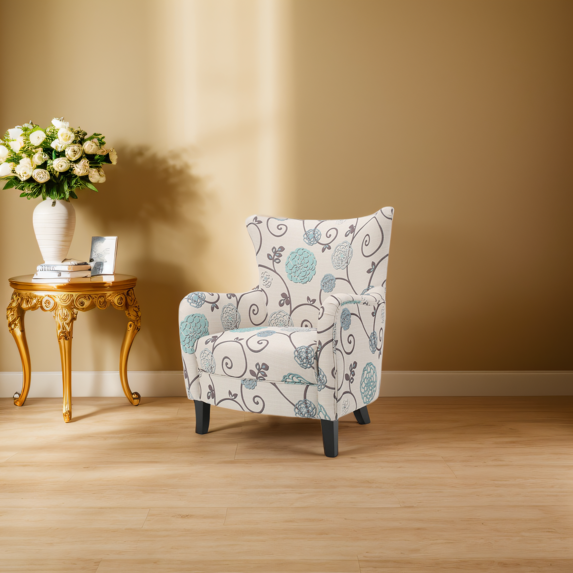 Elegant Vintage Fabric Club Chair, White and Blue Floral Pattern, Stylish Armchair for Classic Home Decor, Comfortable Seating for Relaxing Evenings