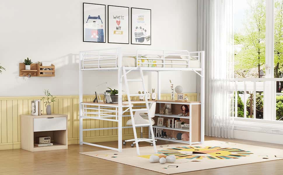 Full Size Metal Loft Bed with 3 Layers of Shelves and L-shaped Desk, White
