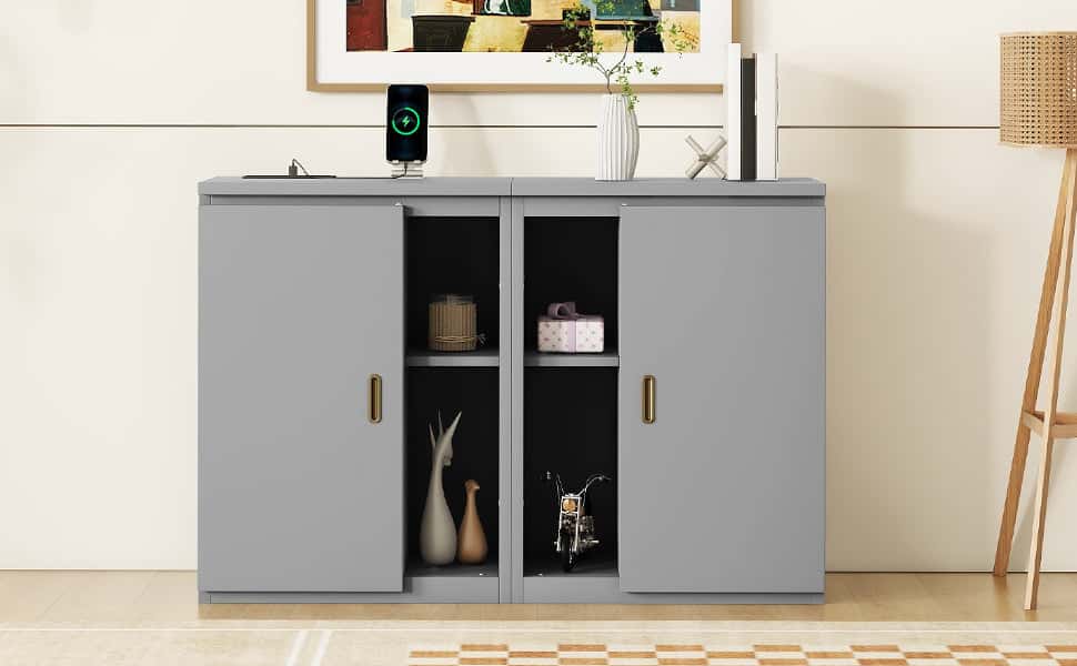 Full Size Murphy Bed with Shelves, Cabinets and USB Ports,Gray