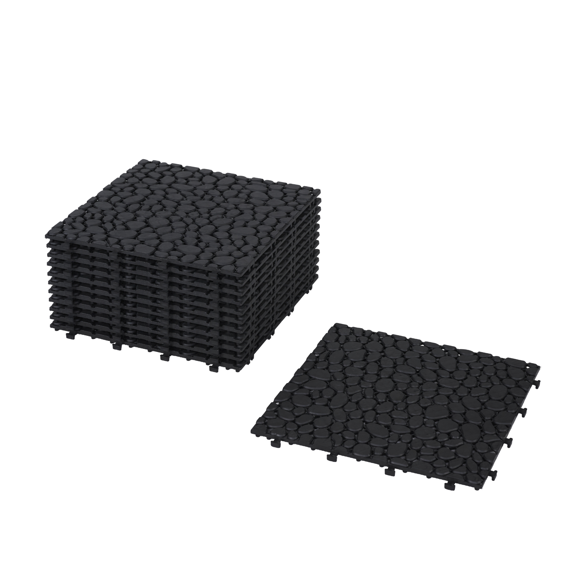 12 x 12 Inch Black Interlocking Deck Tiles Plastic Waterproof Outdoor All Weather Anti-slip Bathroom Shower Balcony Porch Strong Weight Capacity Upto 440 LBS, Pebble Stone Pattern Pack of 24