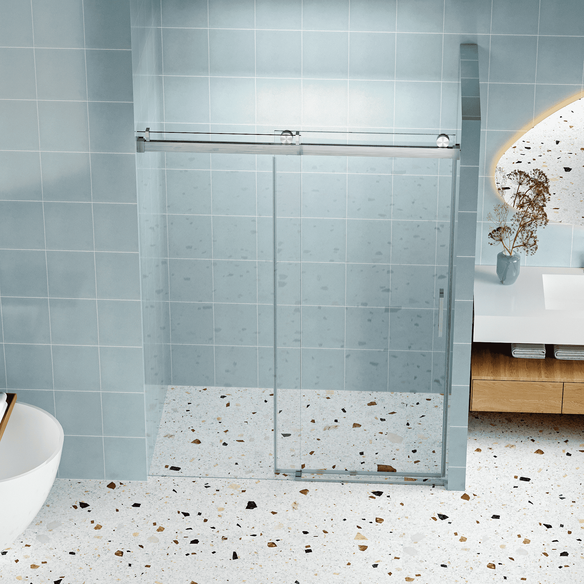 60" W x 76" H Frameless Shower Door Soft-closing Single Sliding, 1/4" (6mm) Tempered Glass with Explosion-proof Coating, 24D01-60BNX