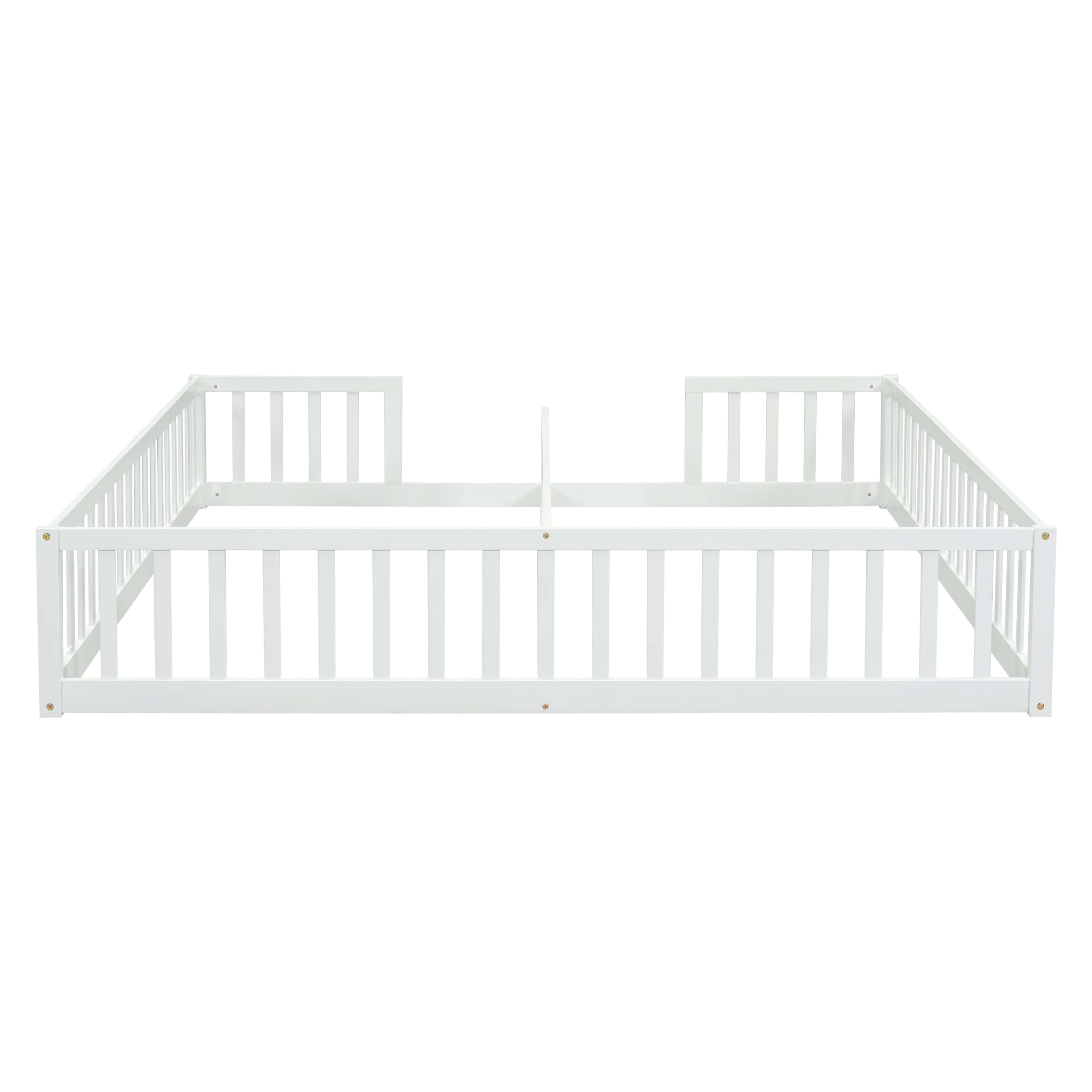 Double Twin Floor Bed with Fence, Guardrails, without door, White