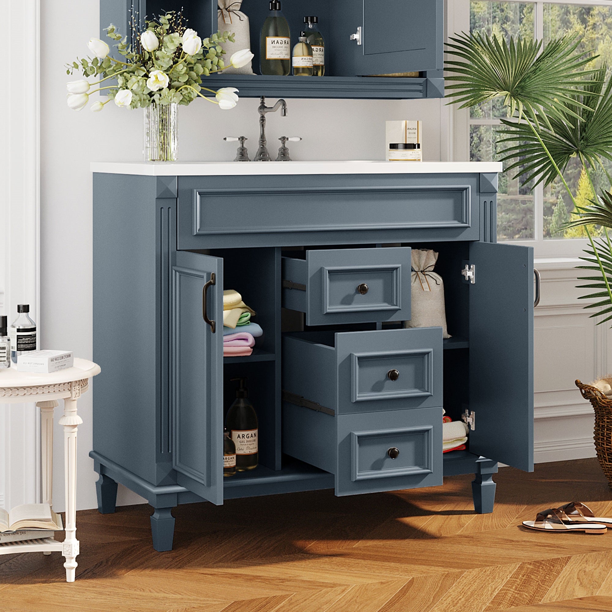 36 in bathroom vanity with single top sink, side detail