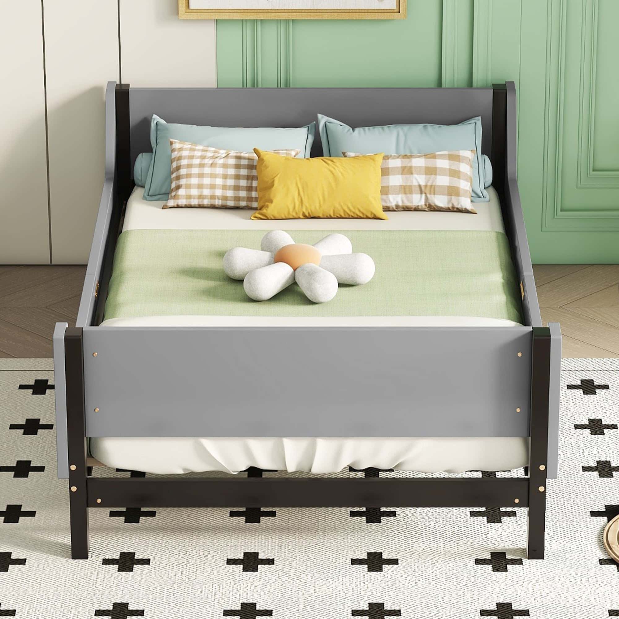 Twin Bed with Headboard, Footboard, Safeguards,  Built-in Bed-end Book Storage Rack ,Grey