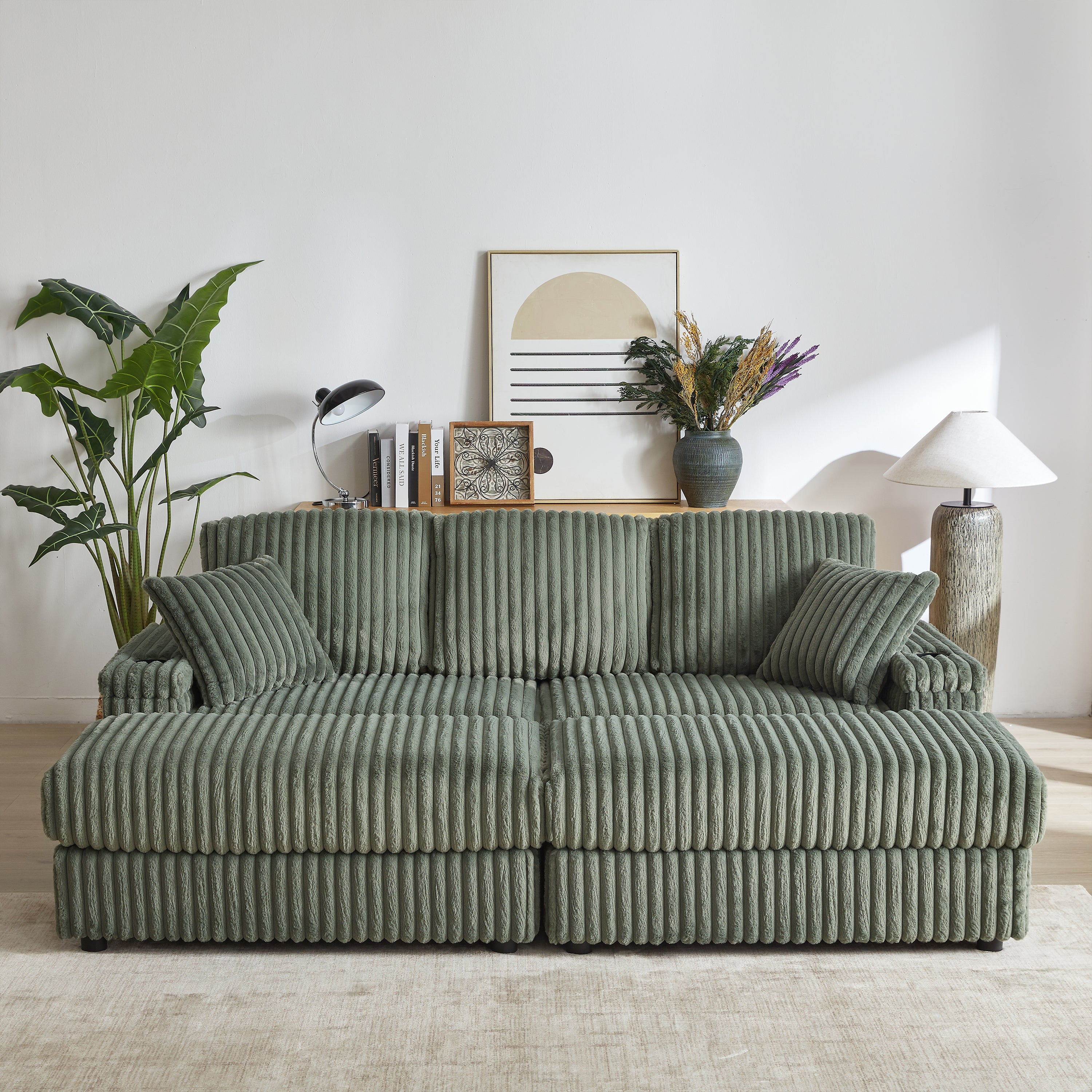 84Inch Corduroy 3-seater sofa With 3 back pillows ,2 toss pillows , a ottoman ,2storage spaces and cup-holding grooves Comfy Sofa- Deep Seat Couch for Living Room