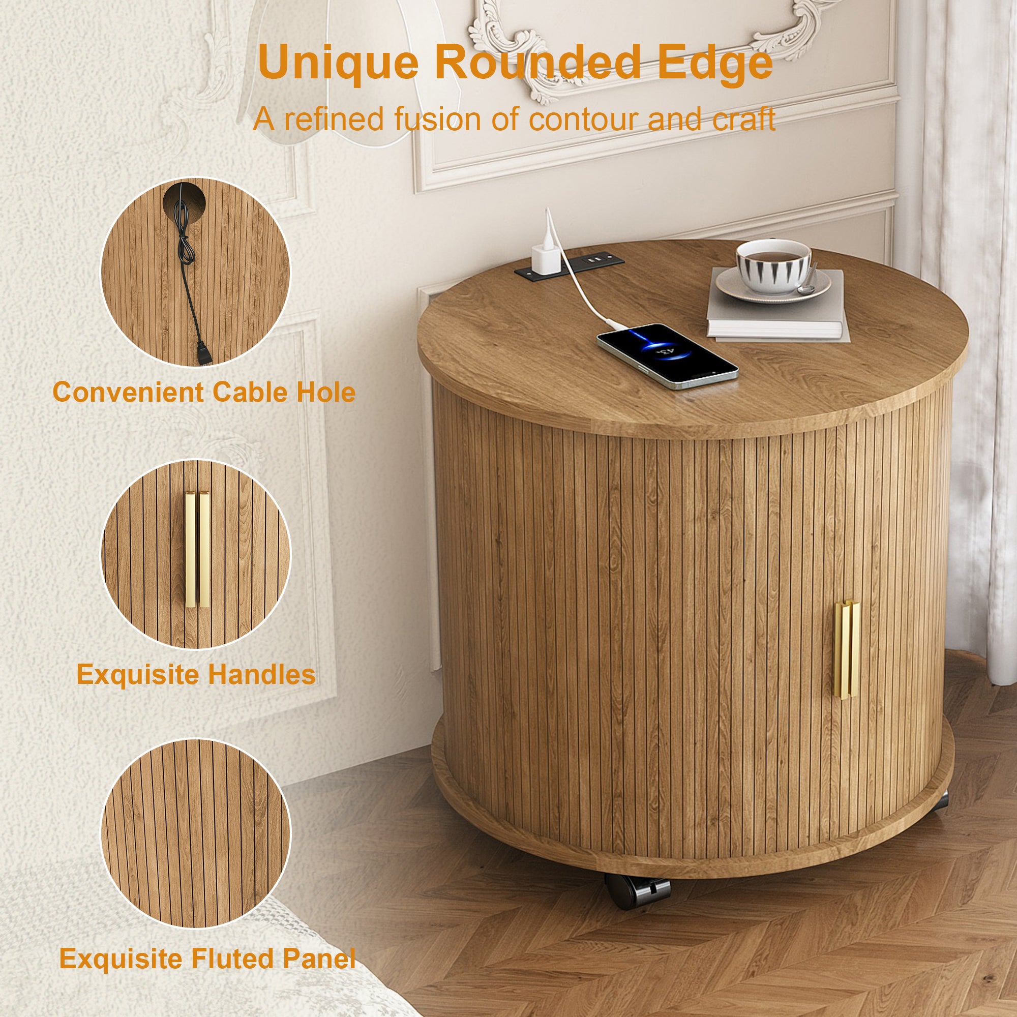 Mid century cylinder end table styled in living room setting