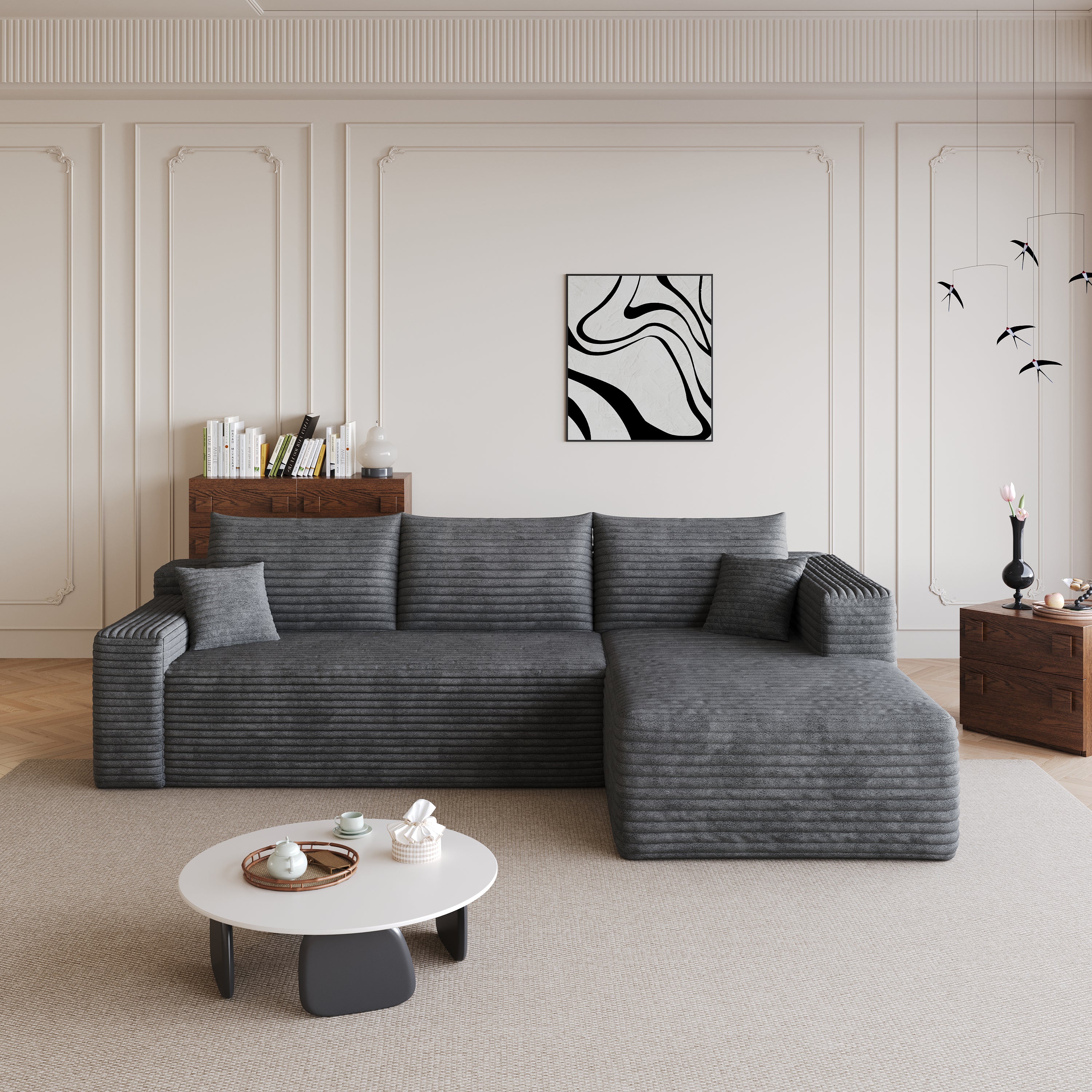 Dark grey 95-inch corduroy corner couch, seat cushion detail