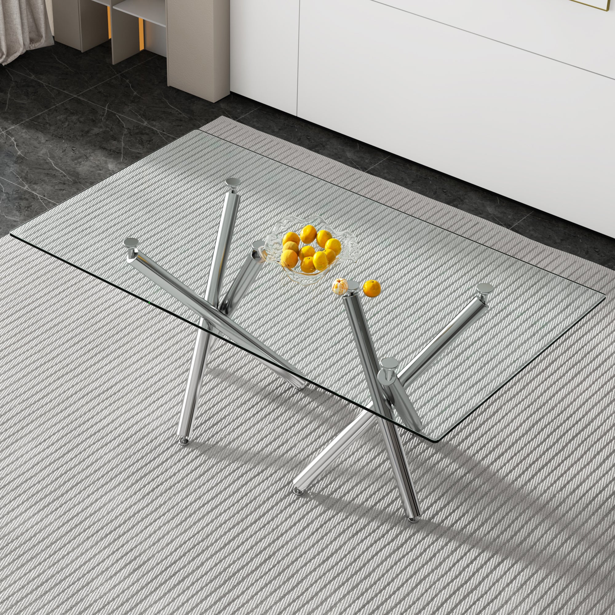 Large Modern Minimalist Rectangular Glass Dining Table for 6-8 with 0.39" Tempered Glass Tabletop and Silver Chrome Metal Legs, for Kitchen Dining Living Meeting Room Banquet hall, 71' x39''x 30''1538
