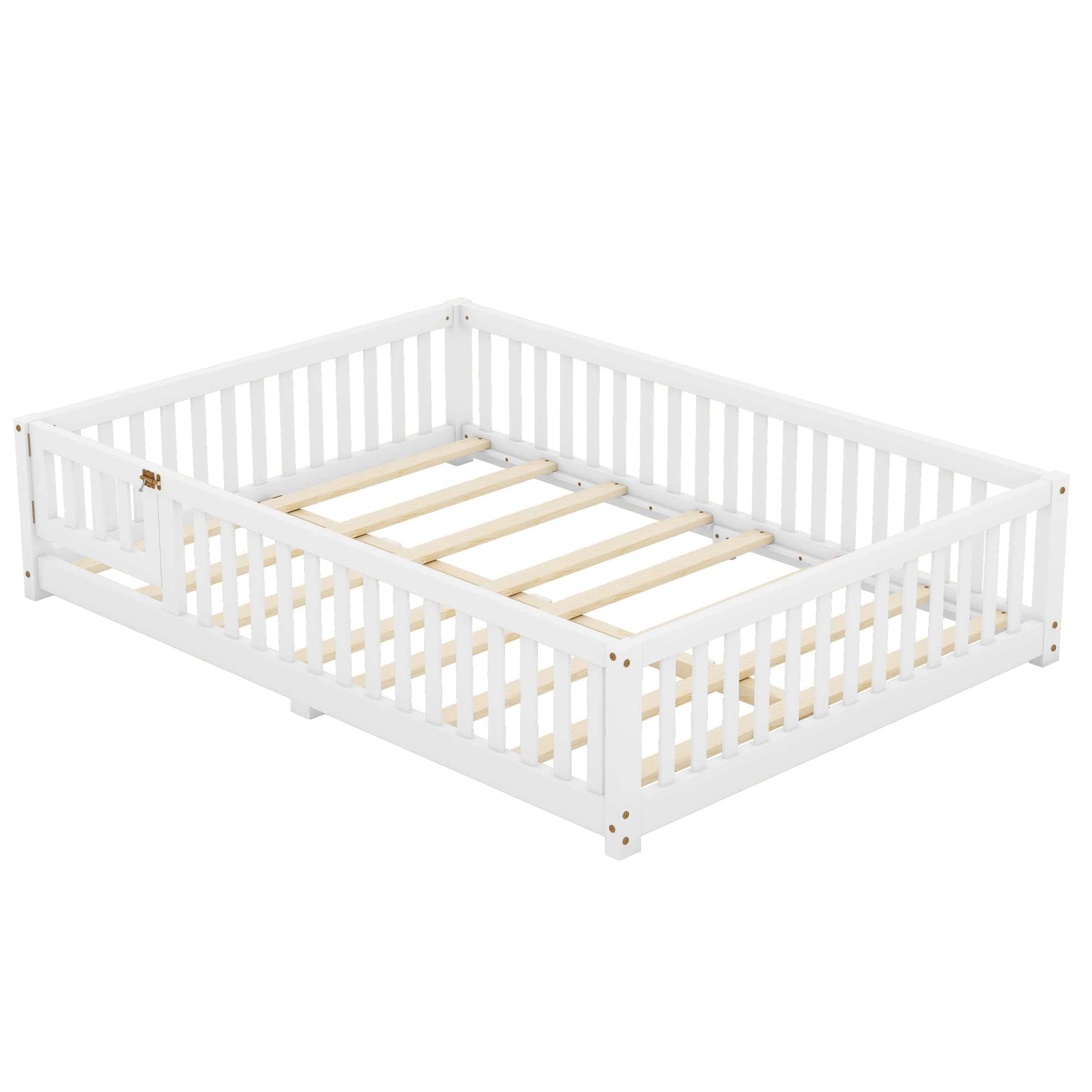 Full Size Bed Floor Bed with Safety Guardrails and Door for Kids, White(Old SKU: W158090689)