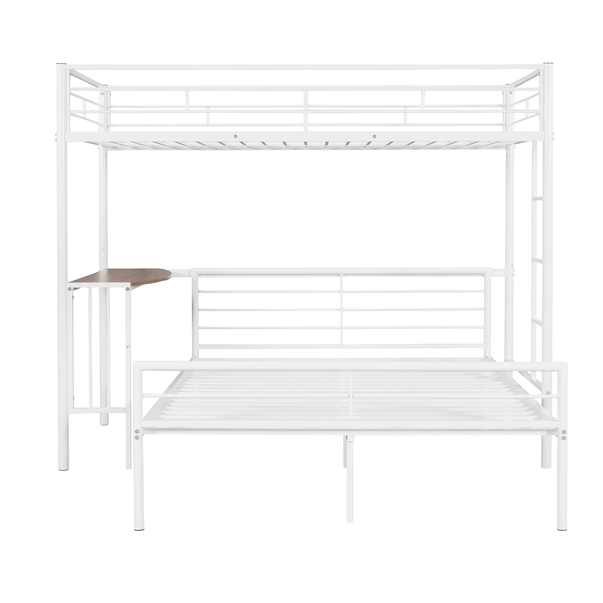 Twin Over Full Metal Bunk Bed with Desk, Ladder and Quality Slats for Bedroom, Metallic  White(OLD SKU :LP000092AAK)