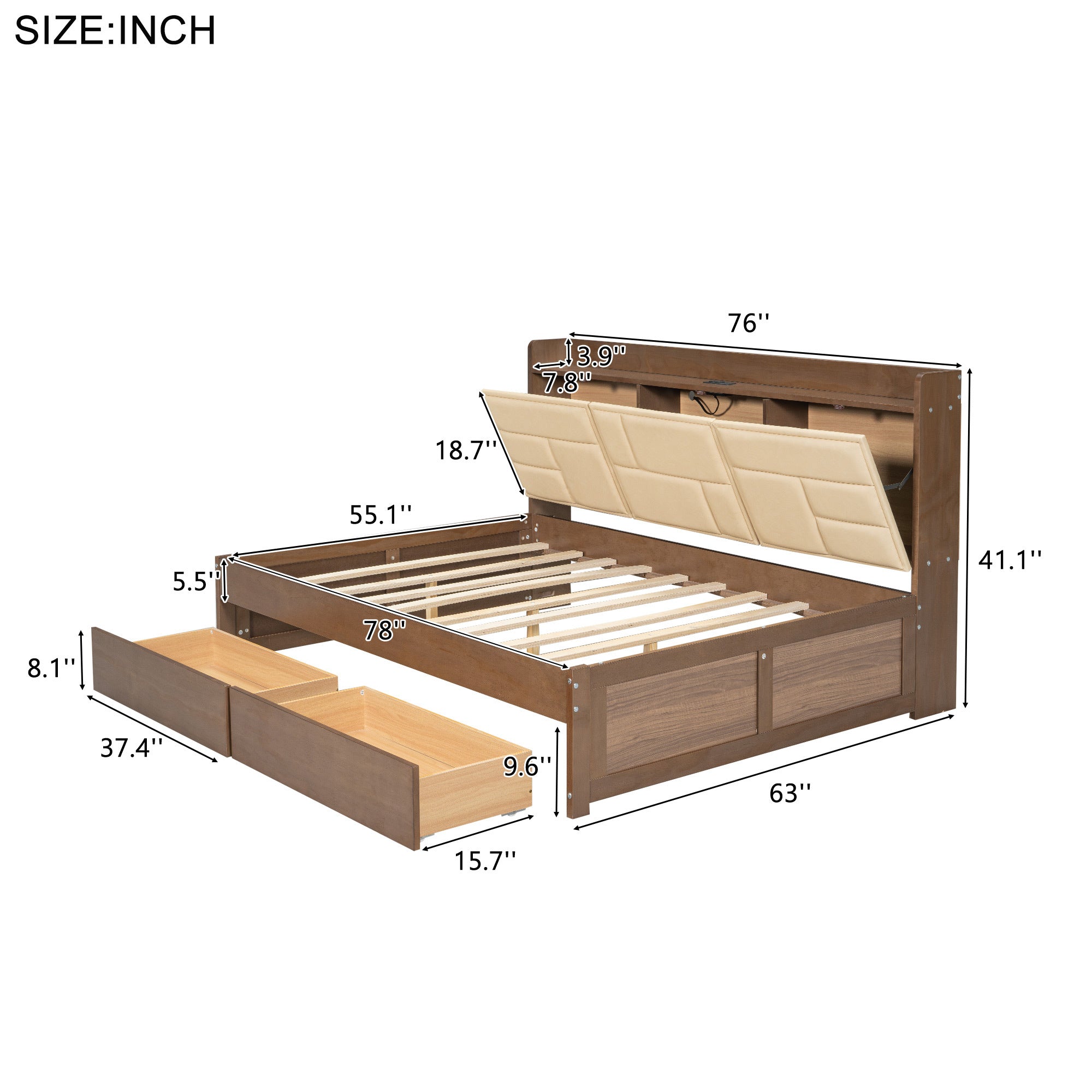 Full Size Wood Daybed with Upholstered Storage Shelves, USB Ports and 2 Drawers, Wood Color