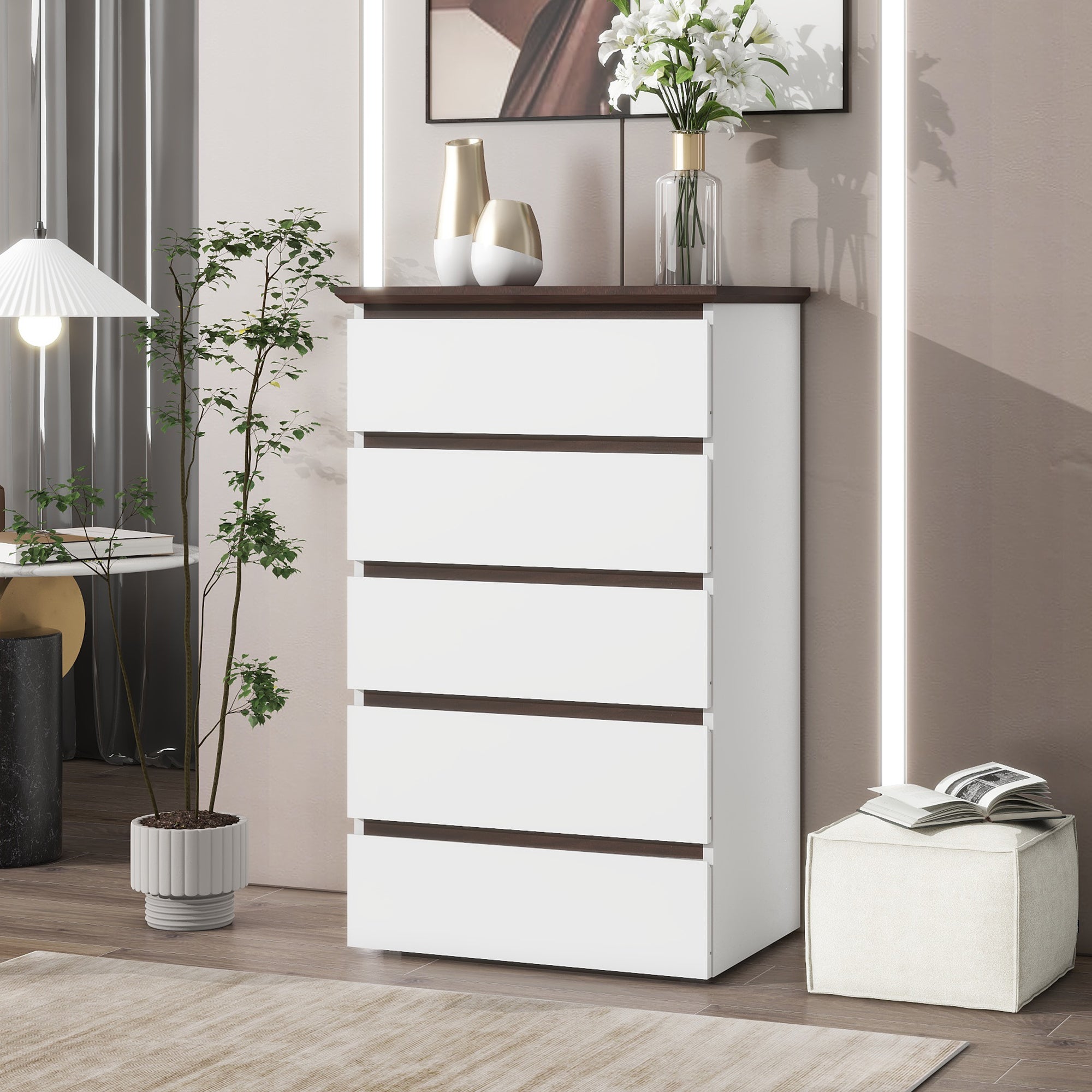 5 Drawer Dresser for Bedroom, Modern Closet Dressers Chest of Drawers, White & Walnut color Storage Dresser Chest Cabinet Organizer Unit
