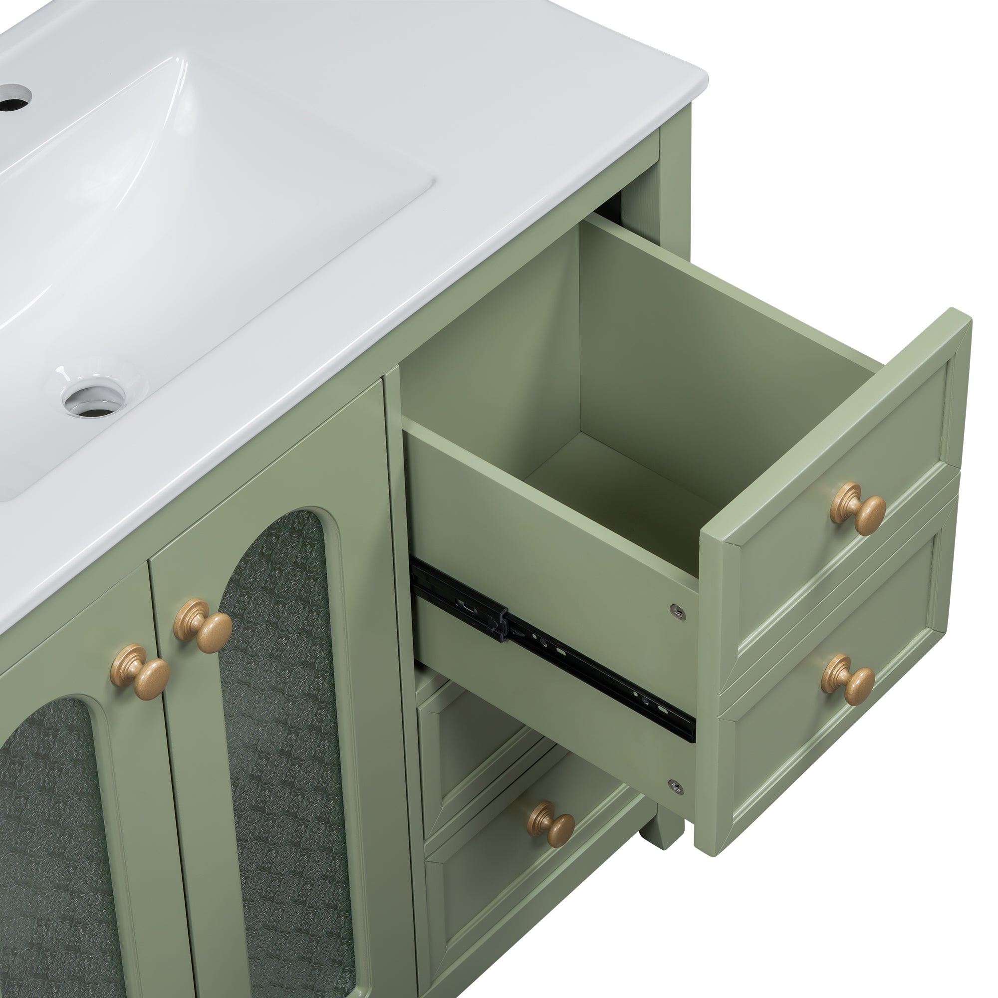36-inch bathroom vanity with two soft close doors, adjustable shelves and three drawers