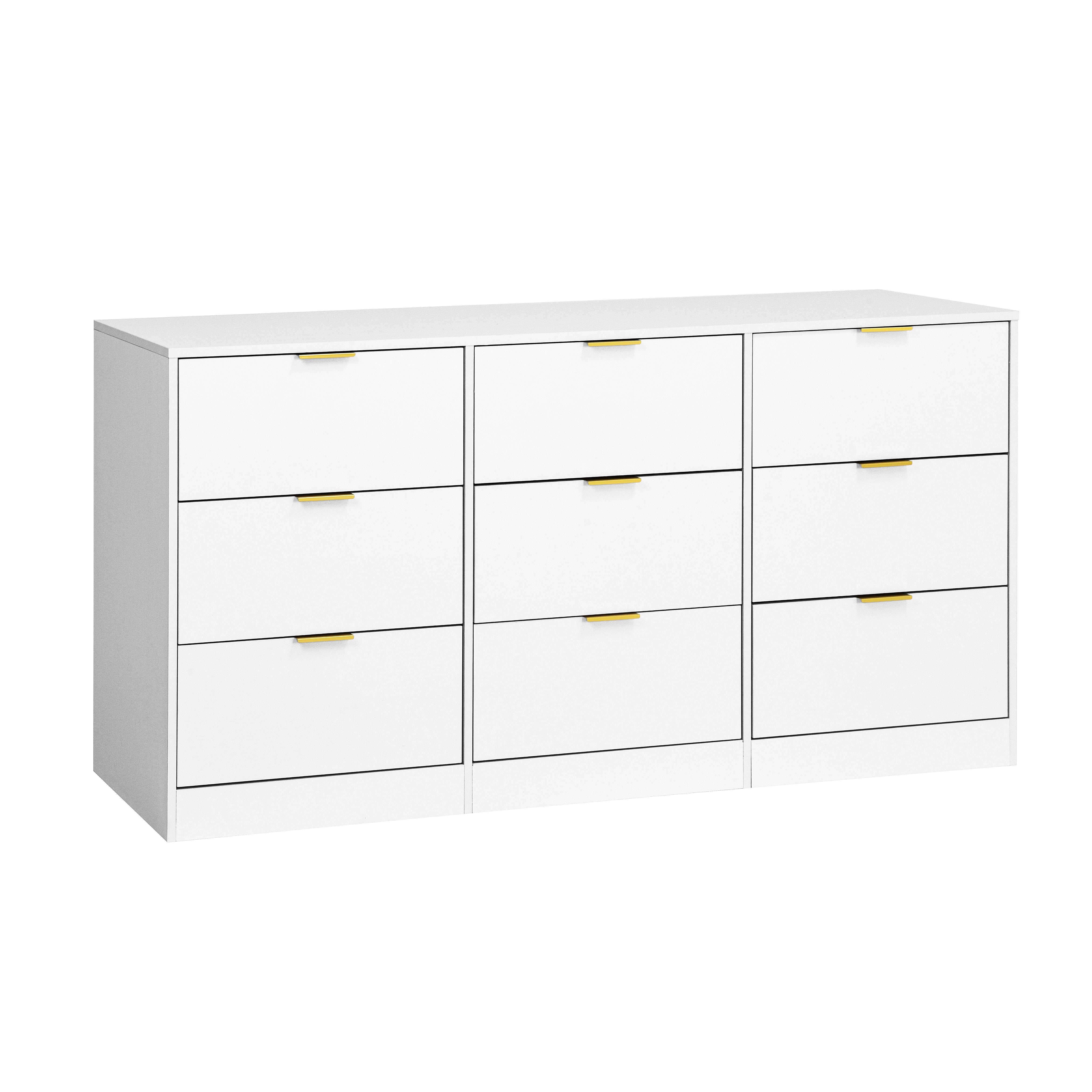 White 63-inch long dresser with drawers open, detail view