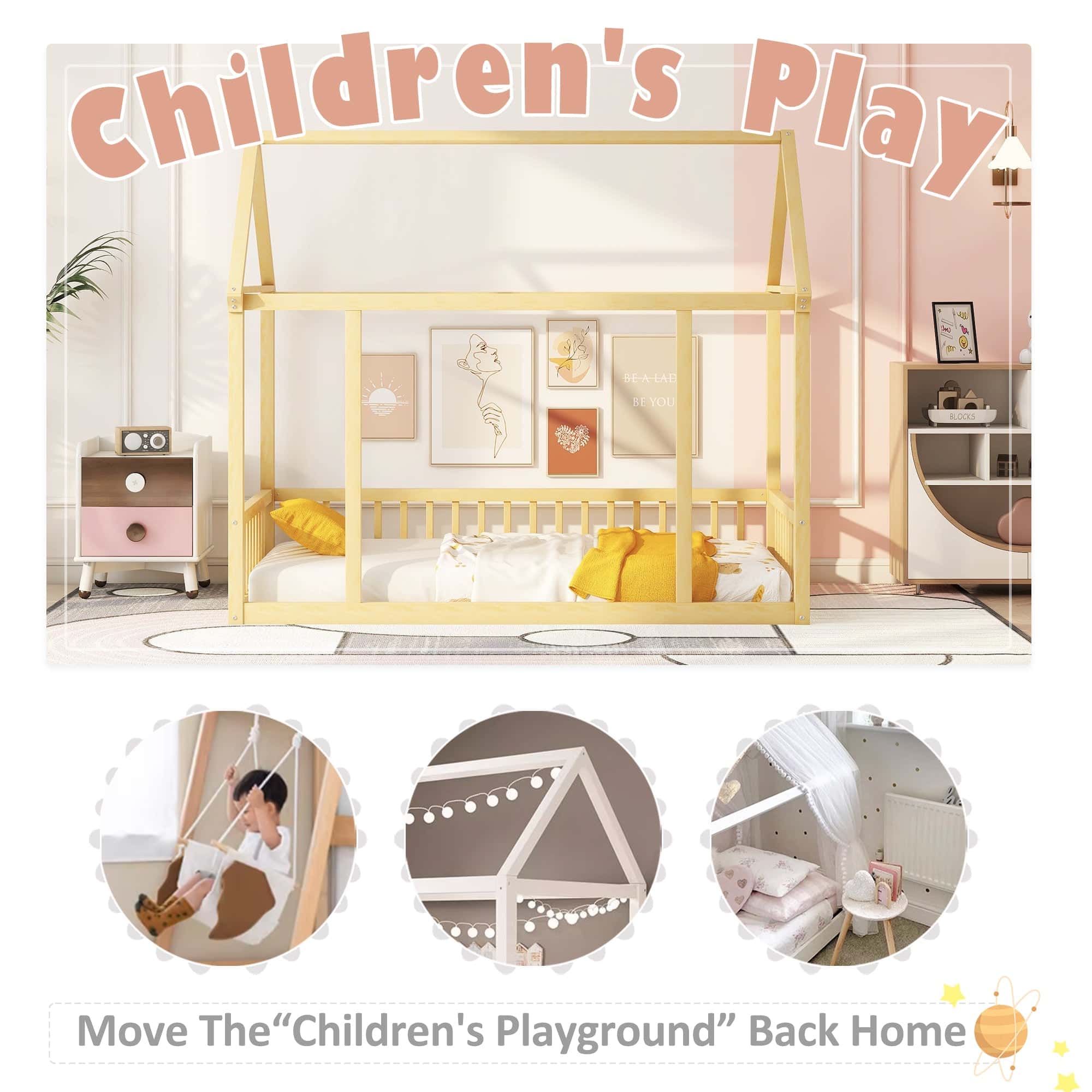 Twin Size Floor Wooden Bed with House Roof Frame and Safety Guardrails,Natural