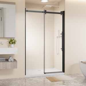 48 x 72 in Frameless Single Sliding Shower Door - 48 x 72 in / Matte Black / Zinc Roller view 1