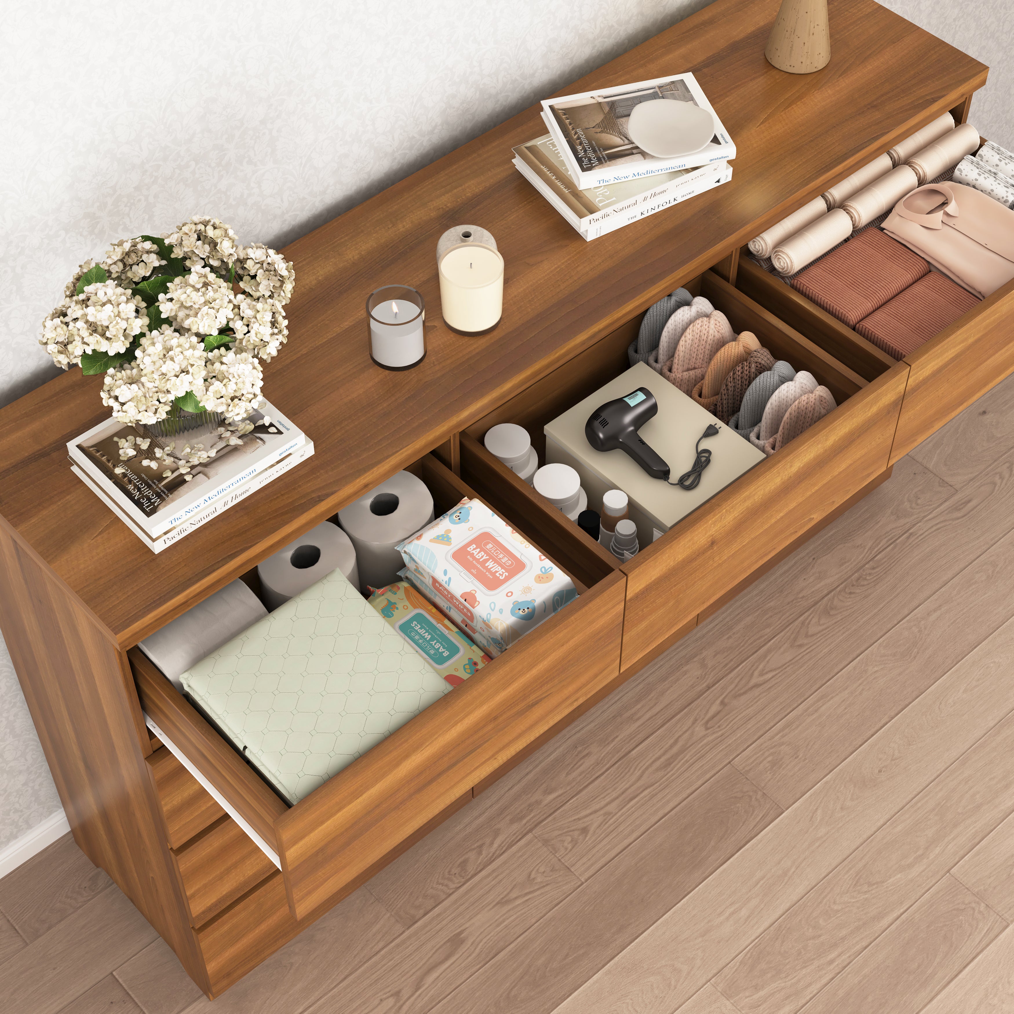 12-drawer walnut wood chest of drawers styled in a bedroom setting