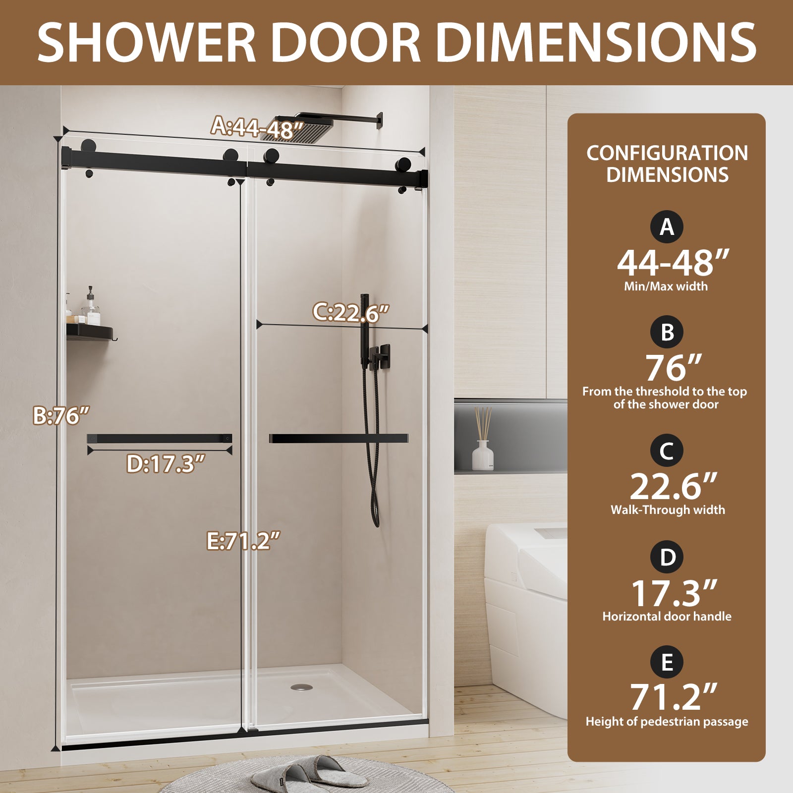 Frameless sliding shower door 44-48 inch matte black angled view