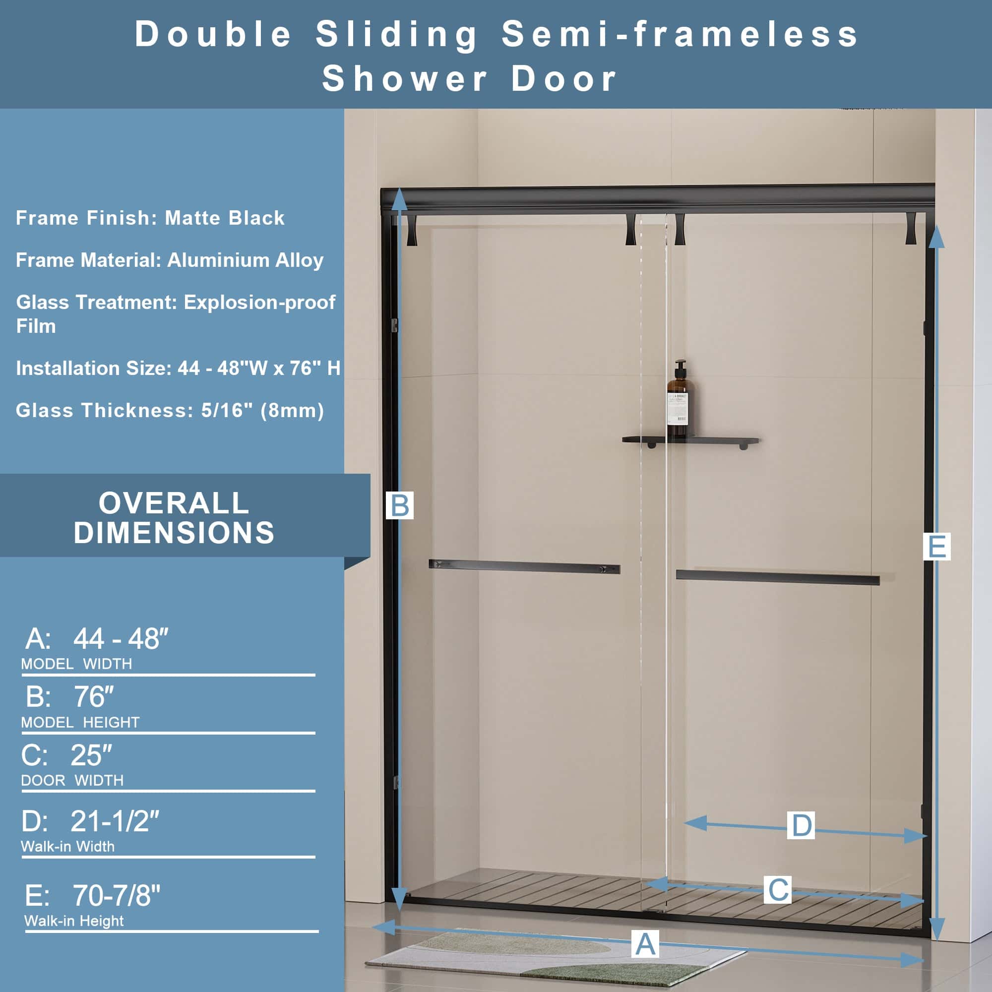 Semi-Frameless Shower Door, Double Sliding Shower Door, 44-48"W x 76"H  5/16" (8mm) Clear Tempered Glass Shower Door with Explosion-Proof Film, Matte Black 24D212-48MB