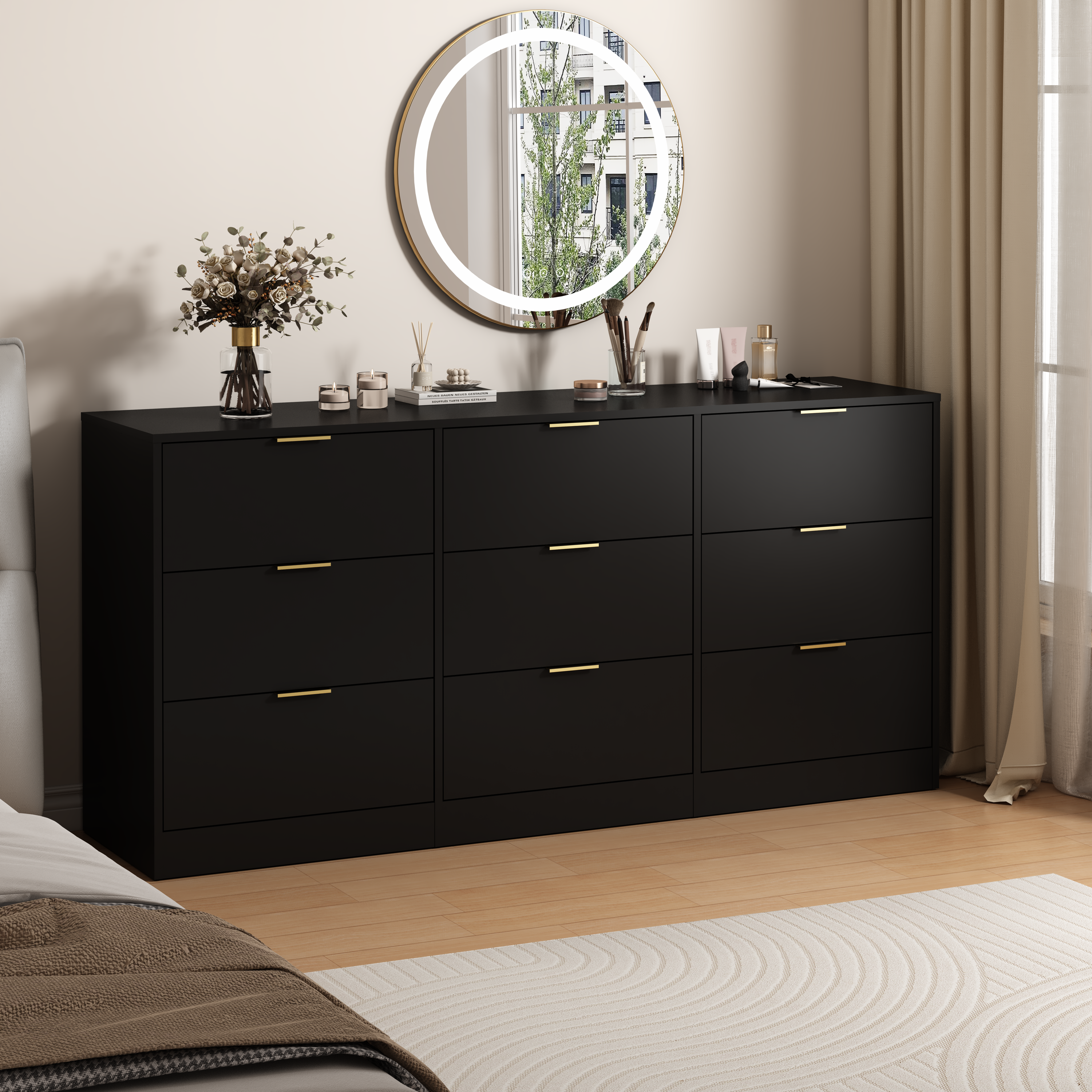 Black 63 inch wooden dresser with drawers open, storage detail