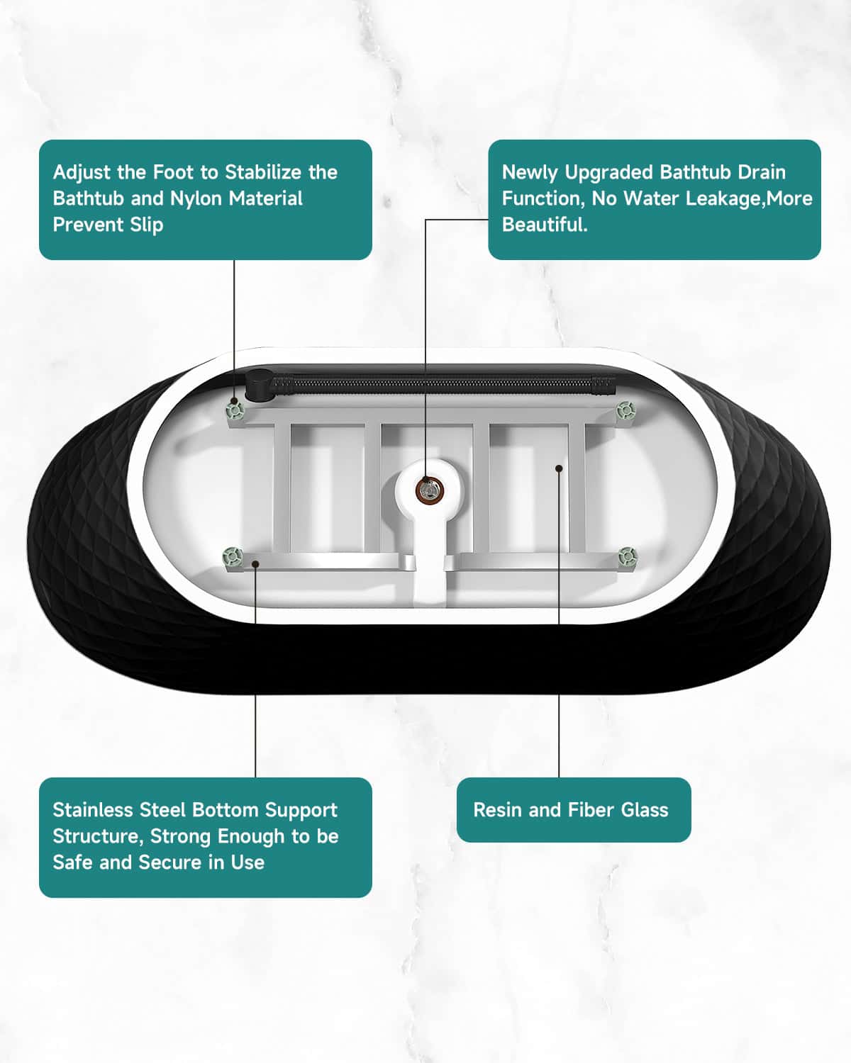 67'' acrylic freestanding bathtub with unique diamond pattern design: spacious oval shape, Black finish, brushed nickel overflow and pop-up drain CUPC Certificate