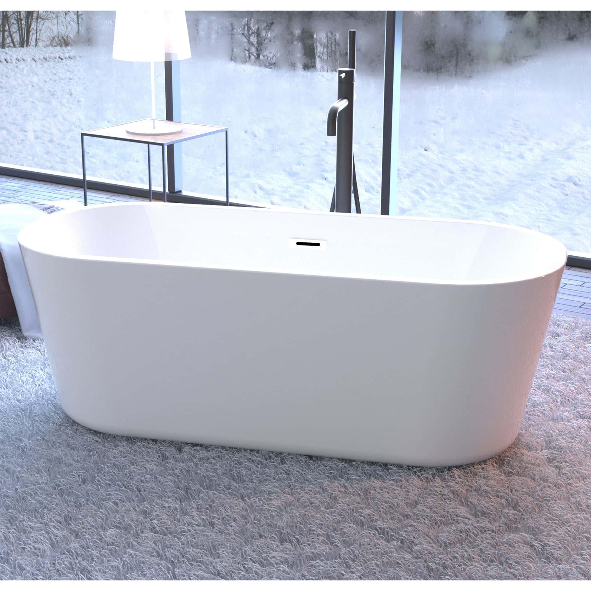 60'' Freestanding Gloss White Acrylic Soaking Bathtub with Toe-Tap Chrome Drain and Classic Slotted Overflow, 24A02-60