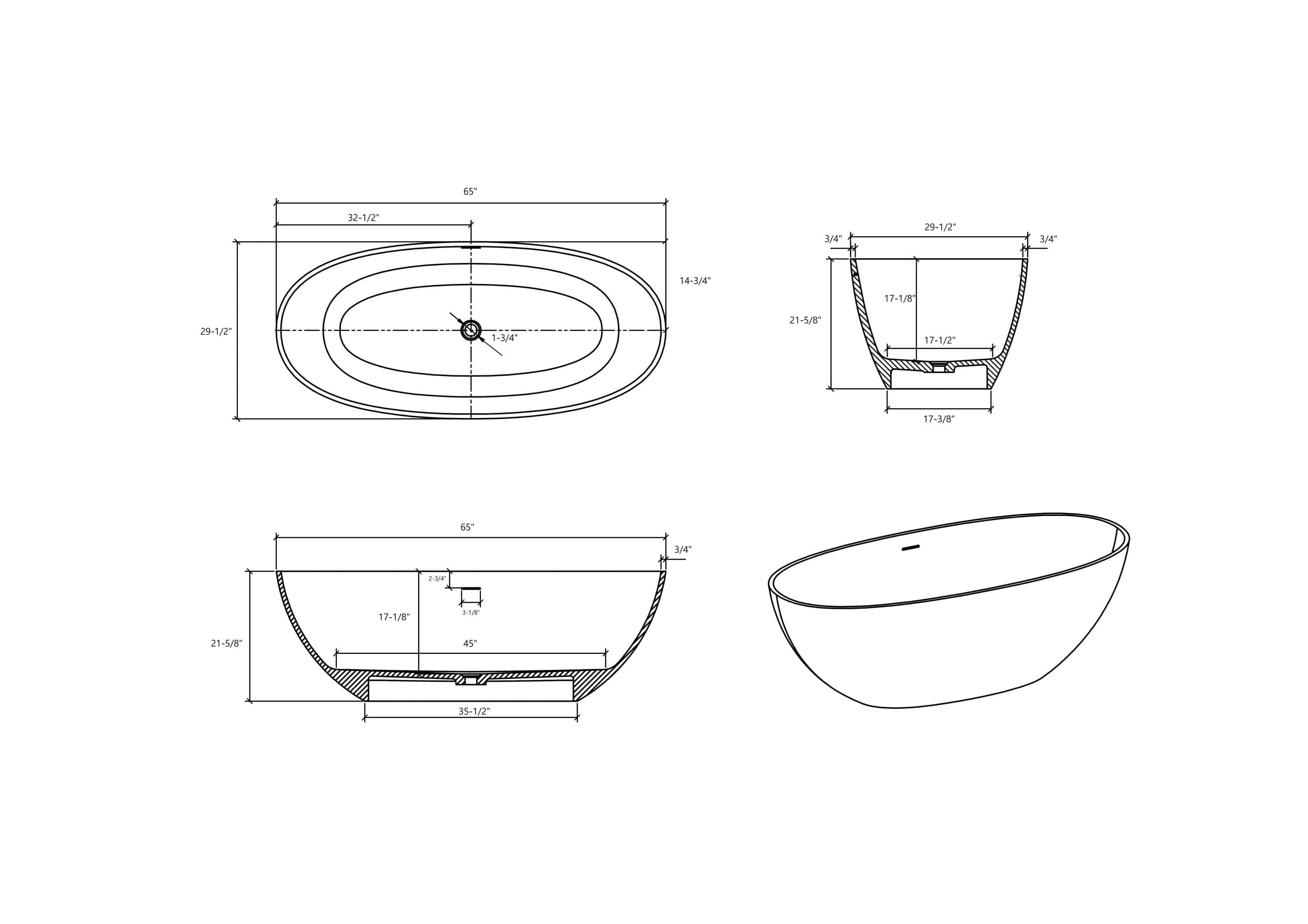 65" Luxury Handcrafted Stone Resin Freestanding Soaking Bathtub with Overflow in Matte White, cUPC Certified - 24S06-65MW