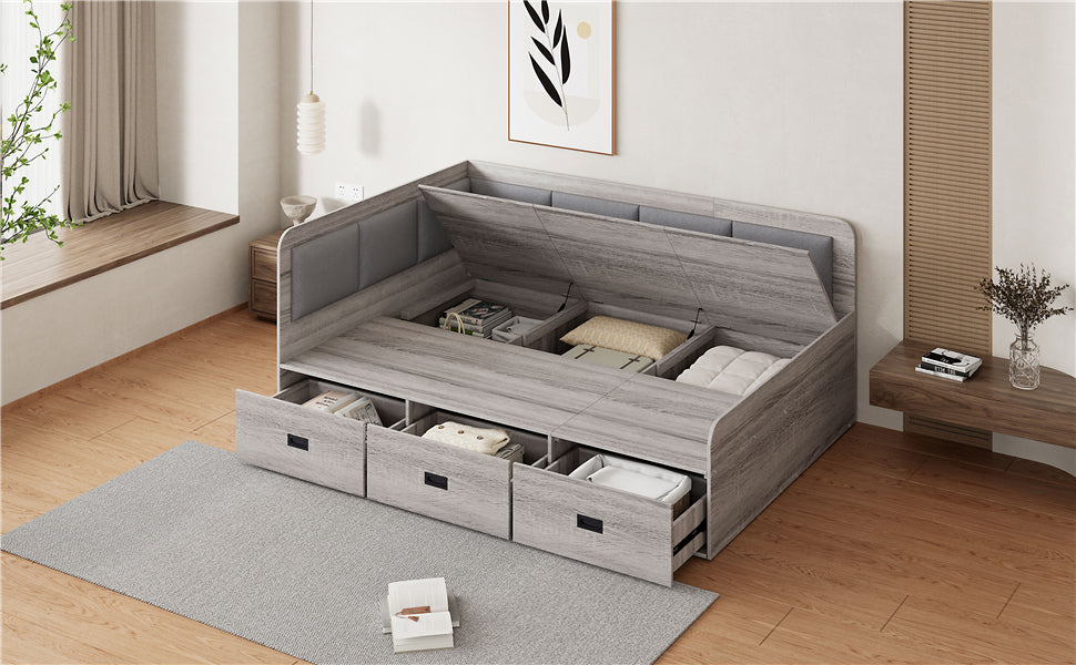 Full Size Daybed with Three Drawers and Three Storage Compartments, Gray
