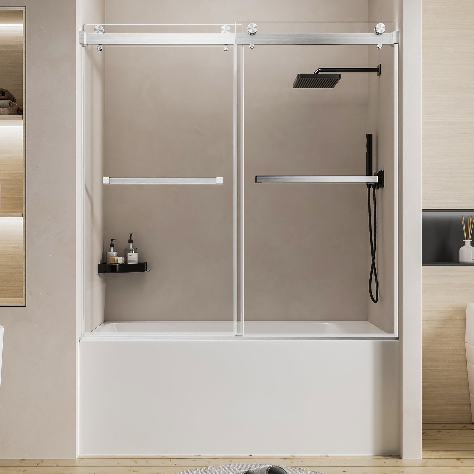 56-60 x 60 in Brushed Nickel Frameless Double Sliding Tub Door - Brushed Nickel view 1