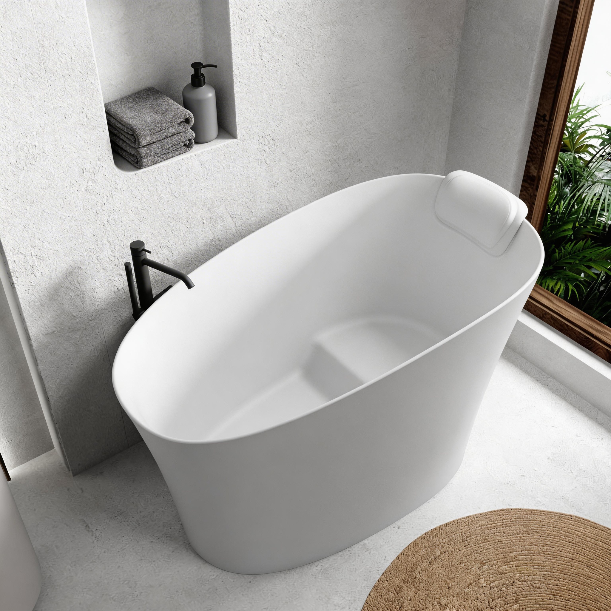 51 inch oval freestanding glossy white bathtub, angled view showing integral seat