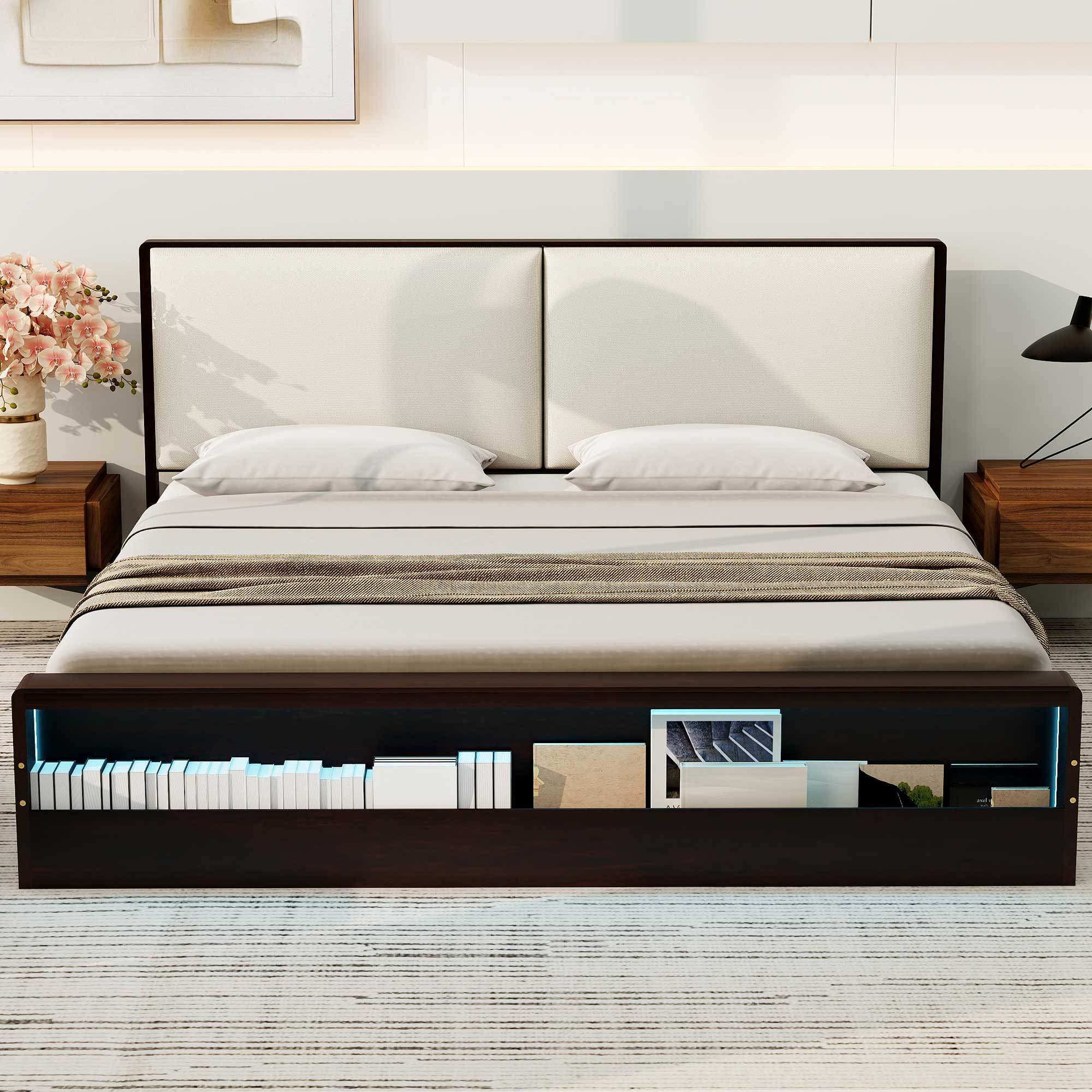 King Size Platform Bed Frame with Upholstery Headboard and Bookshelf in Footboard and LED Light Strips, Espresso