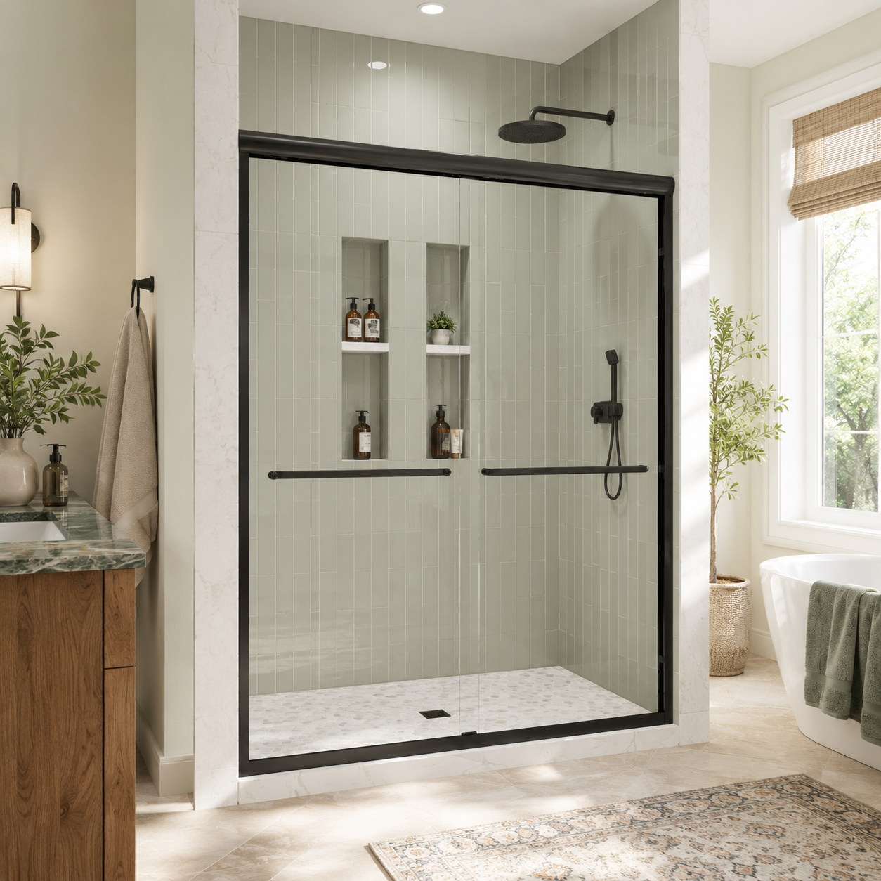 Framed shower door glass panel detail