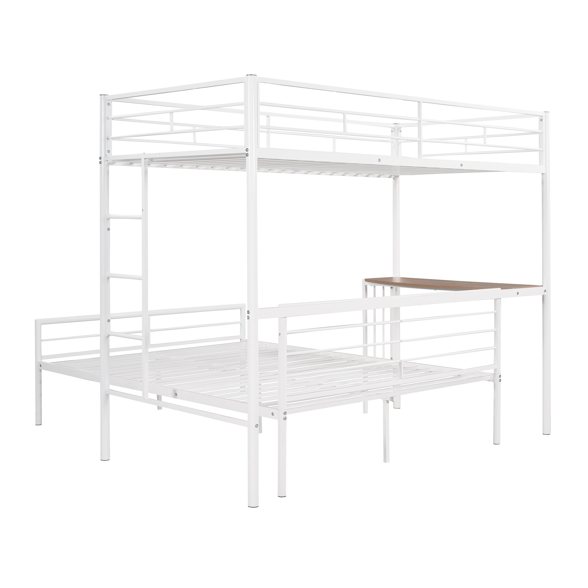 Twin Over Full Metal Bunk Bed with Desk, Ladder and Quality Slats for Bedroom, Metallic  White(OLD SKU :LP000092AAK)