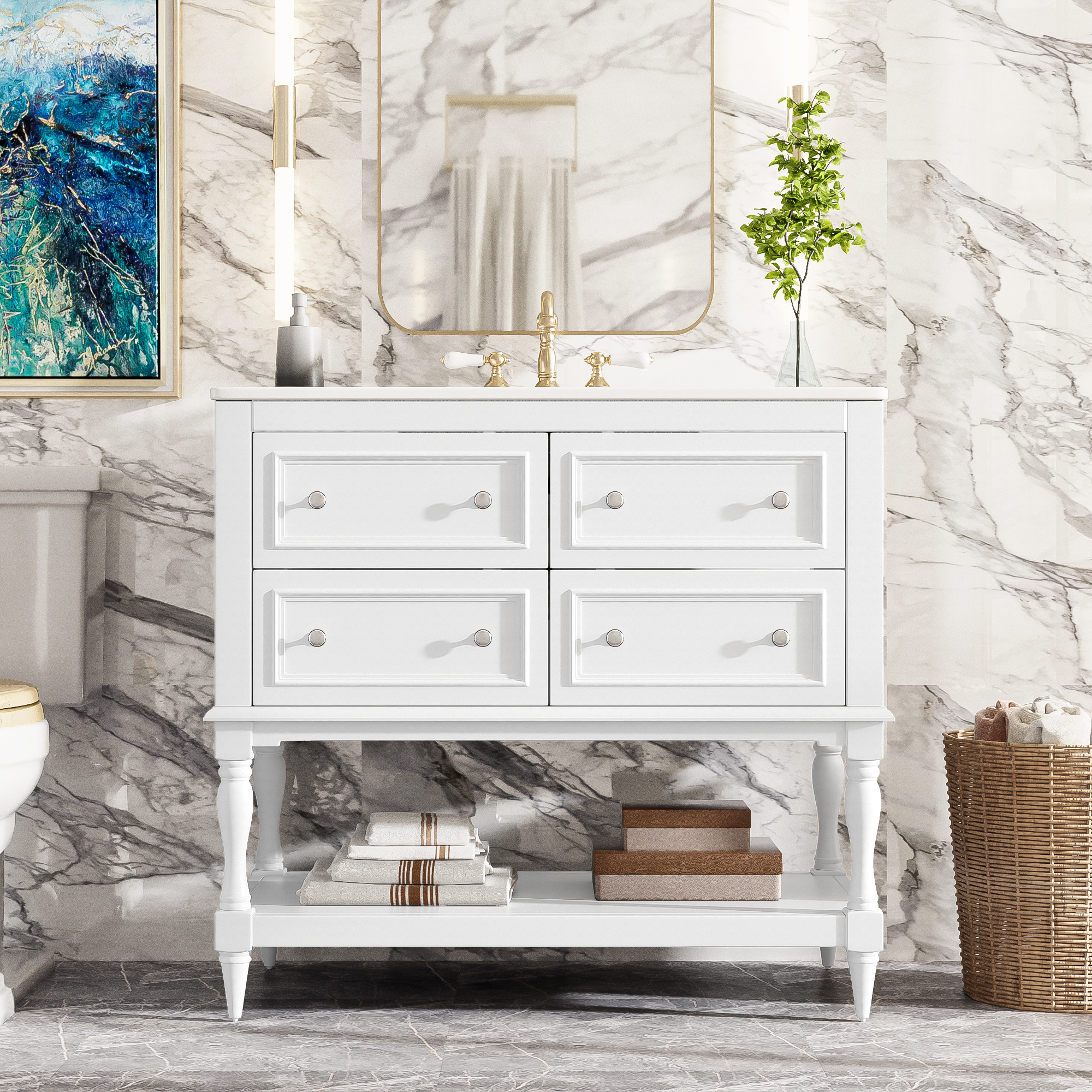 36 inch white bathroom vanity solid wood frame, side profile view