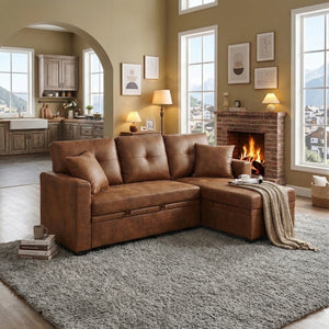 Light brown L-shaped sectional sleeper sofa, full front view