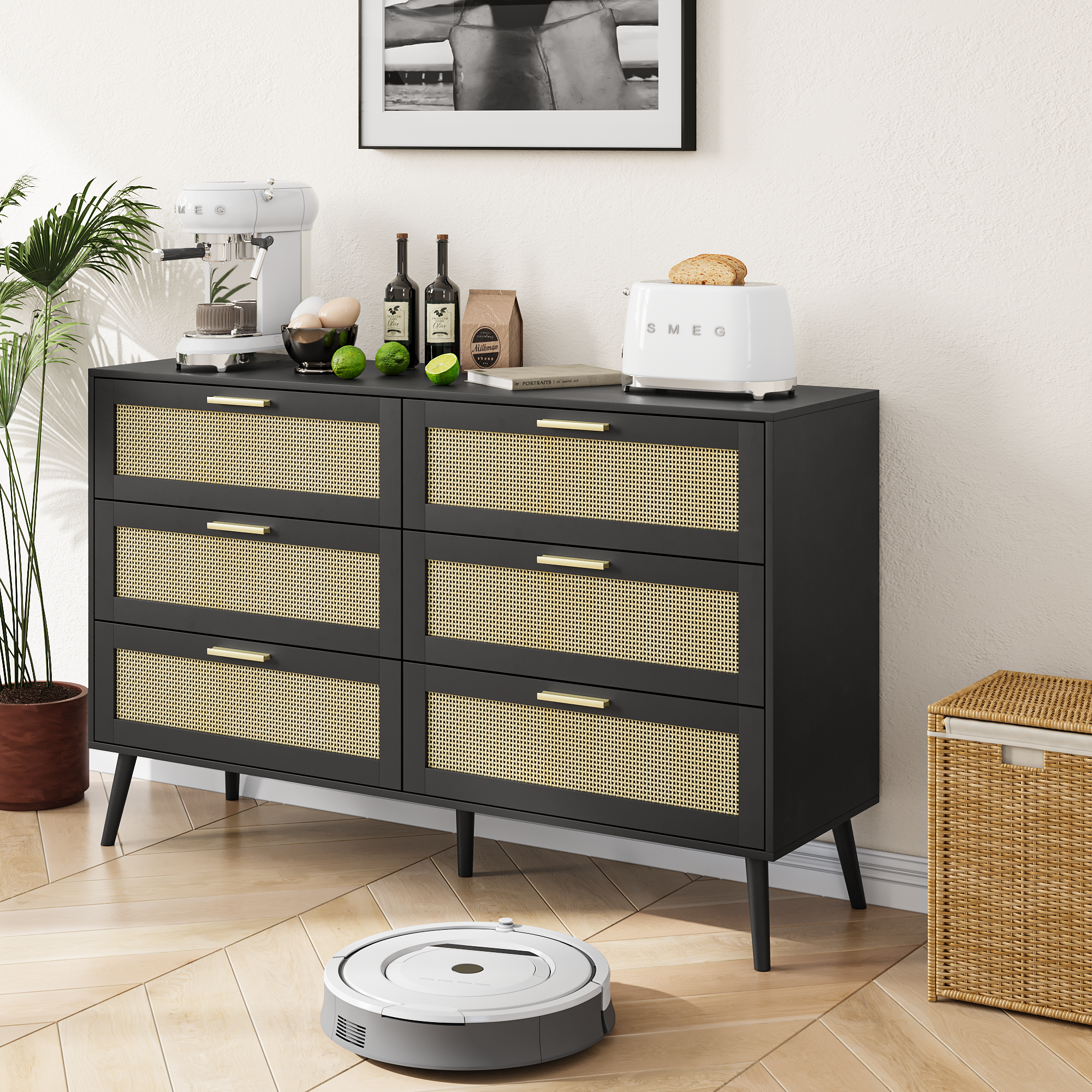 Rattan 6 Drawers Chest of Dressers for Bedroom Modern 6 Drawer Dresser, Wide Chest of Drawers Storage Cabinet for Living Room, Bedroom, Hallway