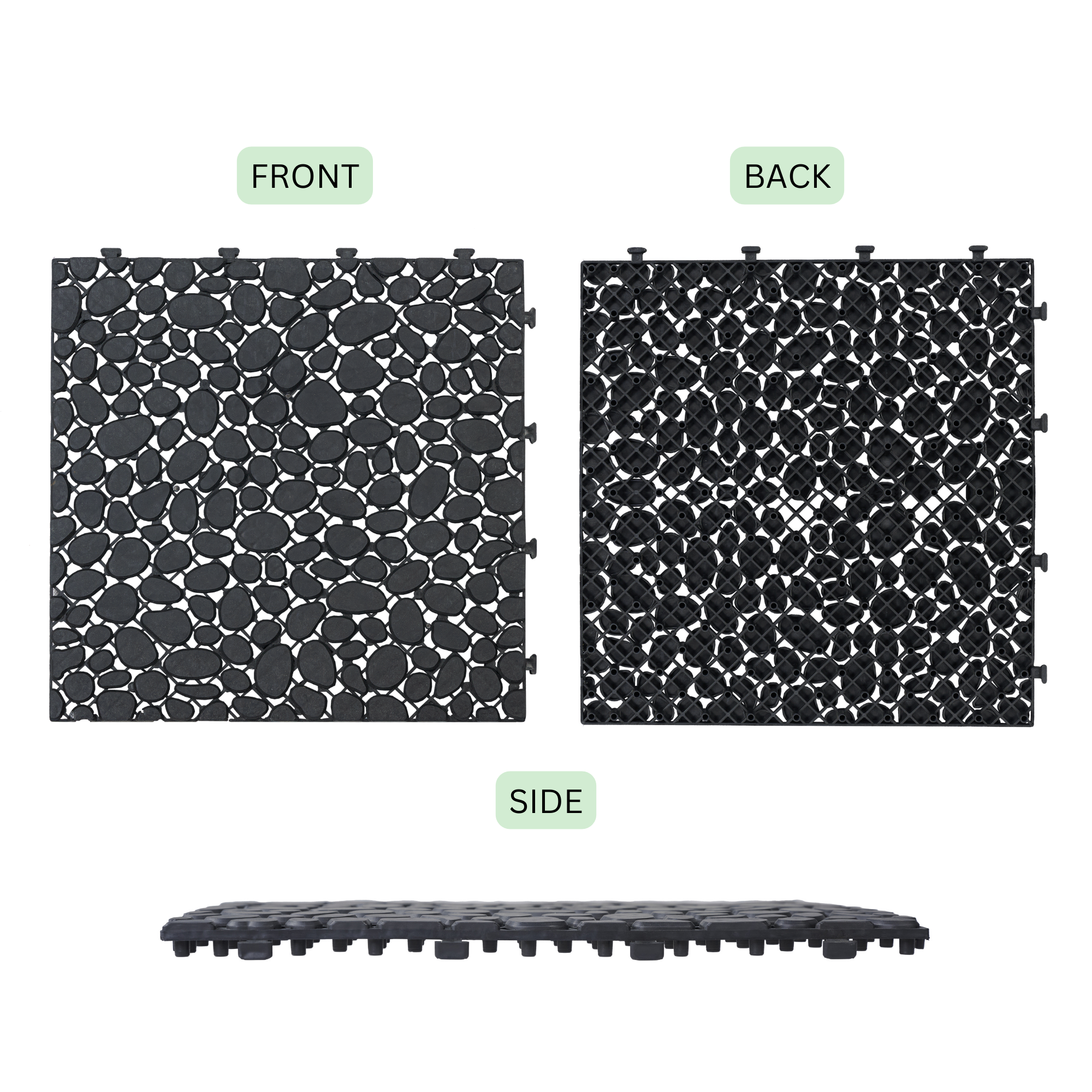 12 x 12 Inch Black Interlocking Deck Tiles Plastic Waterproof Outdoor All Weather Anti-slip Bathroom Shower Balcony Porch Strong Weight Capacity Upto 440 LBS, Pebble Stone Pattern Pack of 24