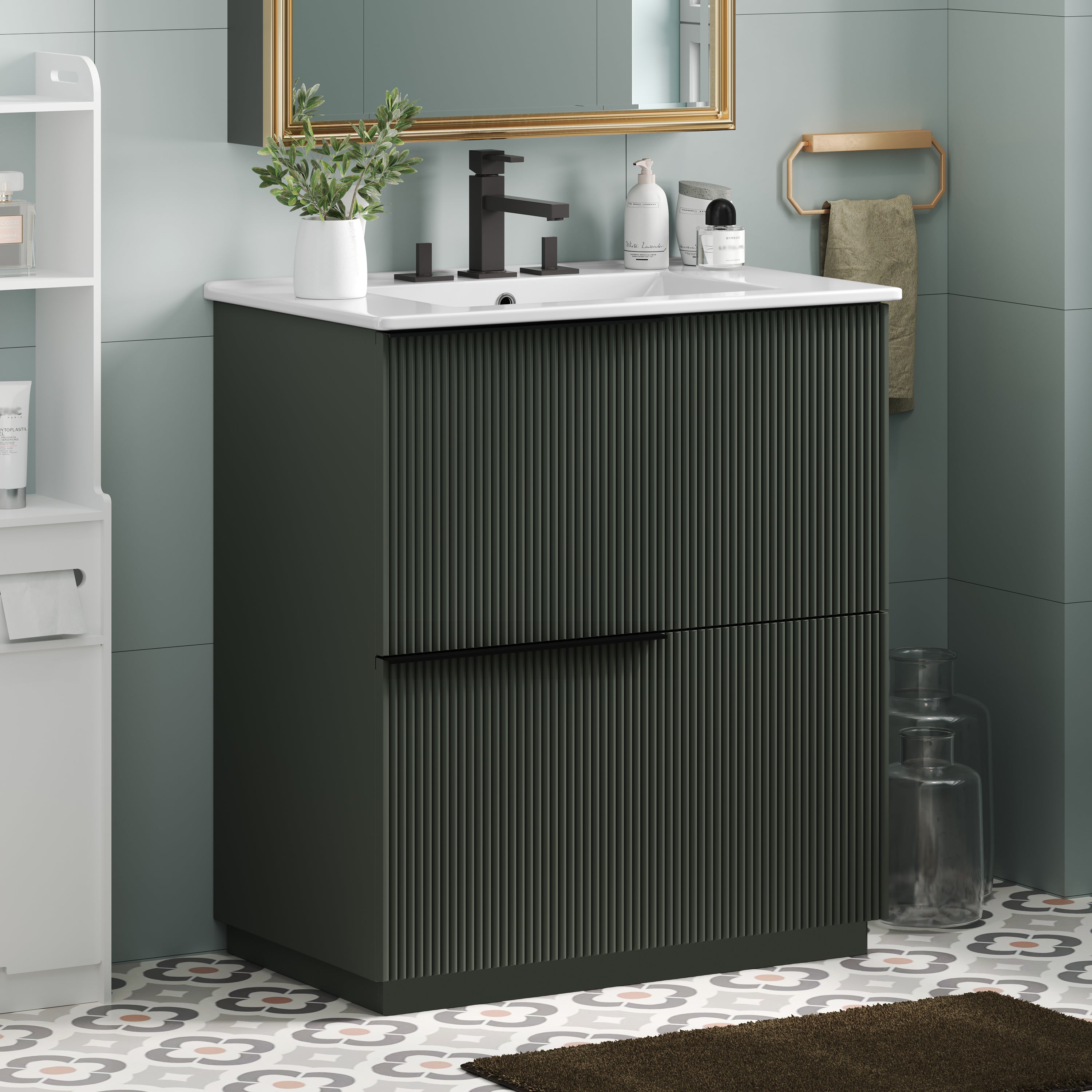 Green fluted bathroom vanity 30 inch, angled view of ceramic sink and drawers